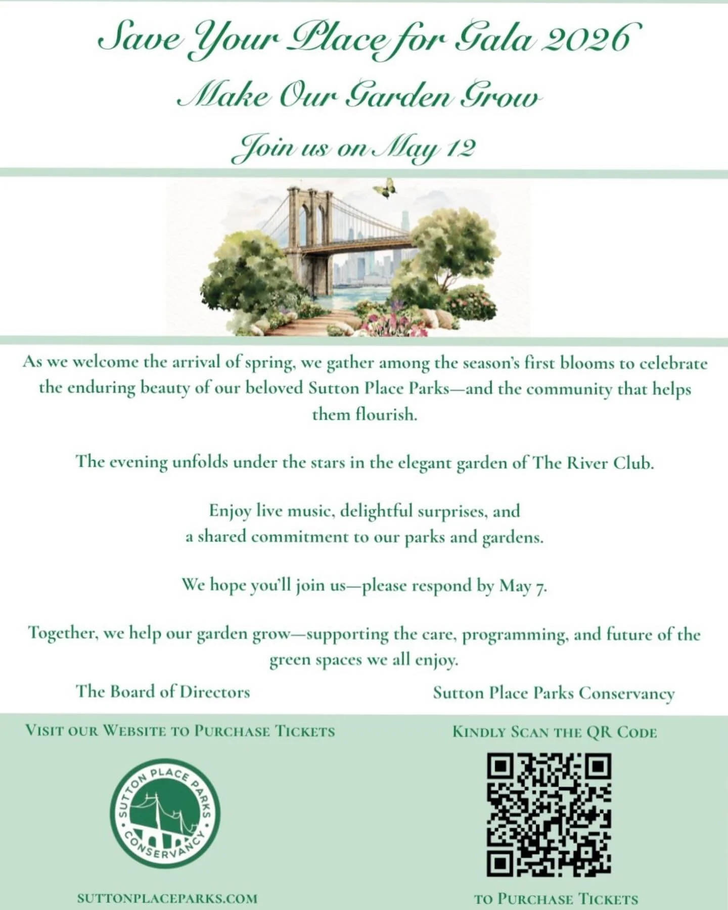 Sutton Place Parks Conservancy is hosting our upcoming Spring Gala to support the continued beauty and care of our neighborhood parks. 🌿

It&rsquo;s a wonderful chance to connect, celebrate, and give back to the place we all call home.

We hope you&