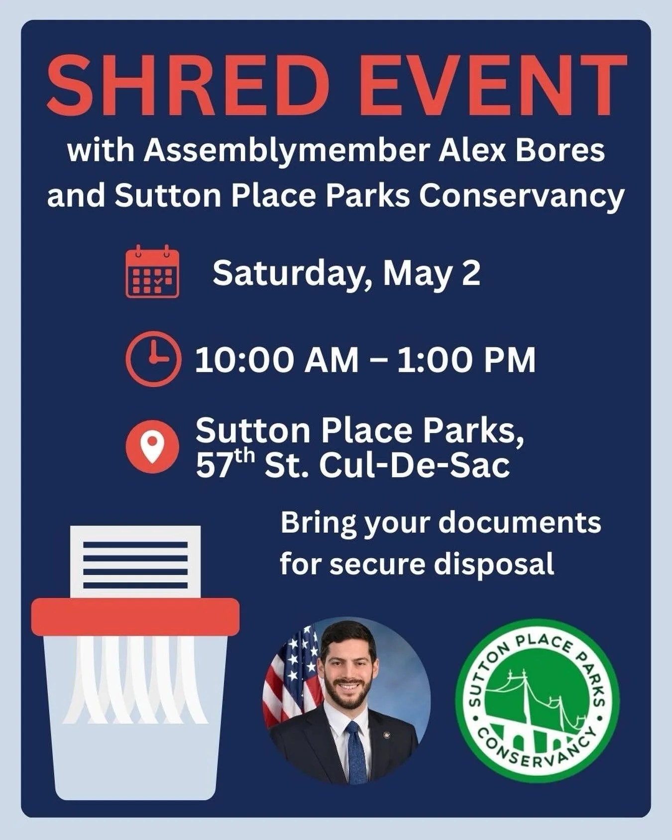Out with the old, safely ✨🗂️

Join us for a Community Shredding Day and clear the clutter while protecting what matters most.

📍 57th Street Cul-De-Sac
🗓️ Saturday, May 2
⏰ 10:00 AM &ndash; 1:00 PM

Hosted by SPPC + Assemblymember Alex Bores

Brin