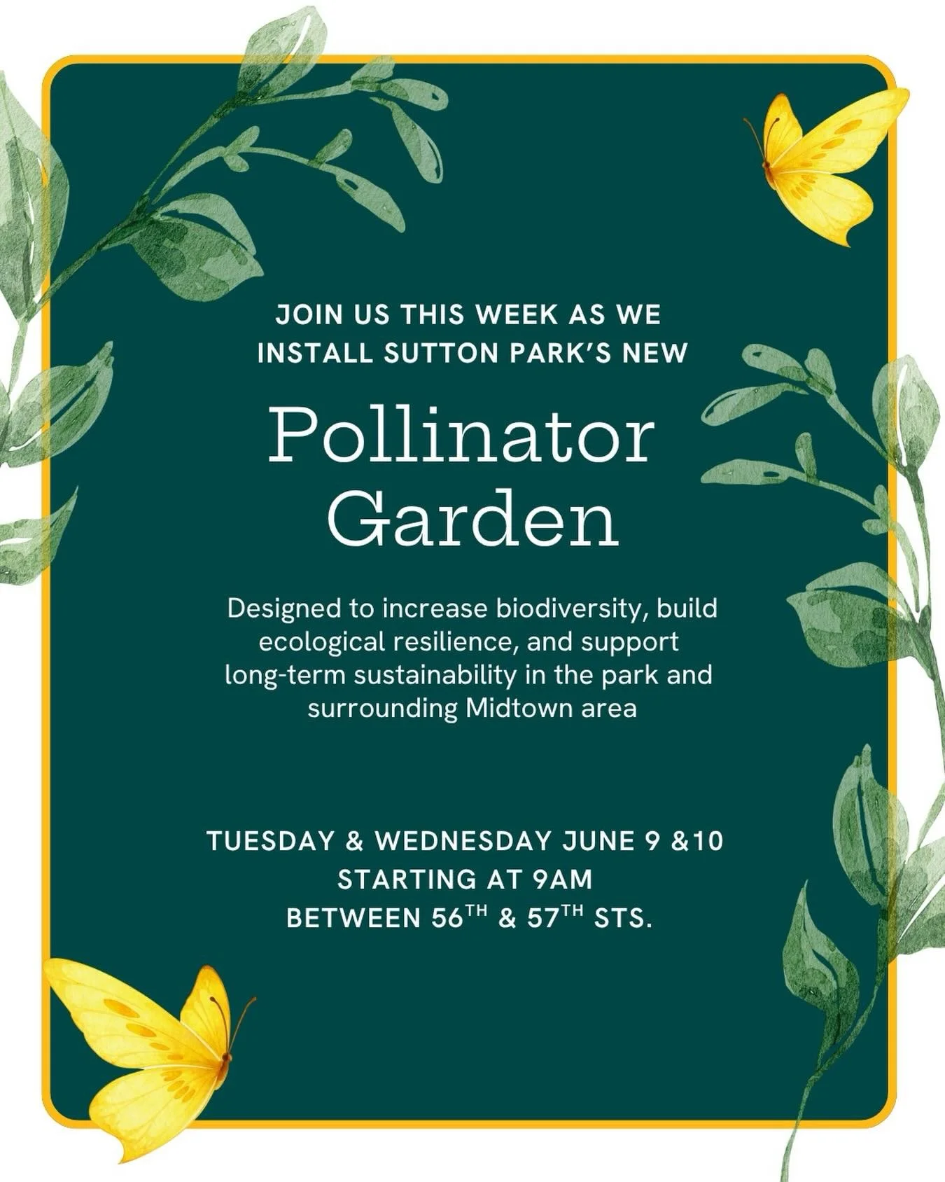 It's National Pollinator month and we couldn't be more proud to be installing our very own pollinator garden this week! Join us tomorrow &amp; Wednesday between 56th &amp; 57th streets starting at 9:00 to watch the garden come to life 🪻🌼 🦋 #pollin