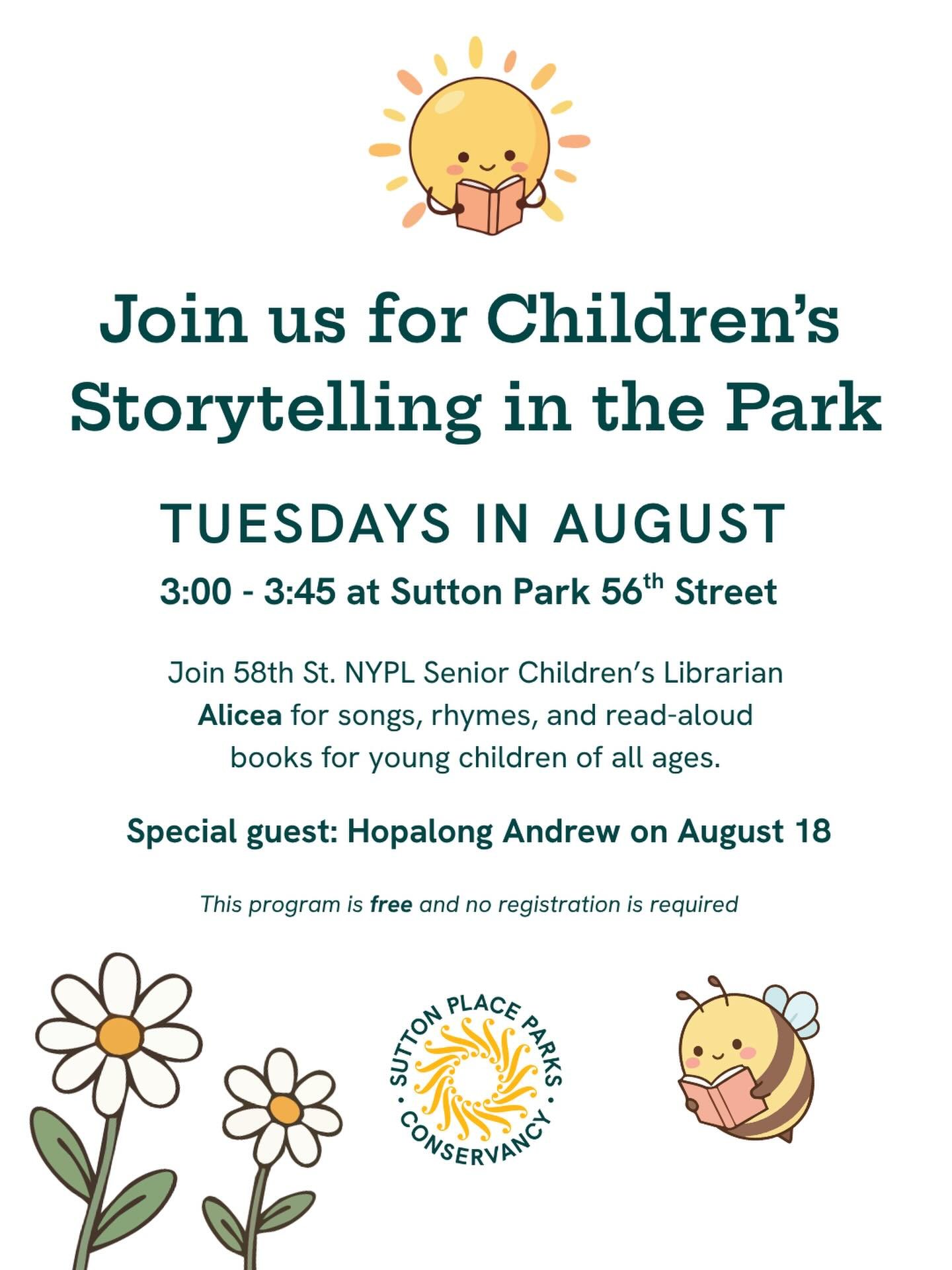 Every Tuesday in August starting August 4th! Bring your kids to the park to hear a story with Alicea from the @nypl We'll see you there! 📚 🌳

#suttonpark #suttonplace #nypl #kidsstorytime #kidsreading