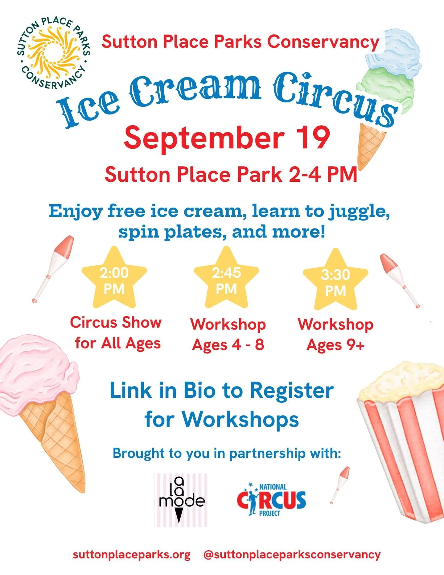 🎪🍦 THE ICE CREAM CIRCUS IS COMING TO SUTTON PLACE! 🍦🎪

Come one, come all! We&rsquo;re turning Sutton Place Park into an Ice Cream Circus for an afternoon of sweet treats, circus fun, and plenty of laughs! 🤹&zwj;♀️🍦✨

📅 September 19 | 2&ndash;