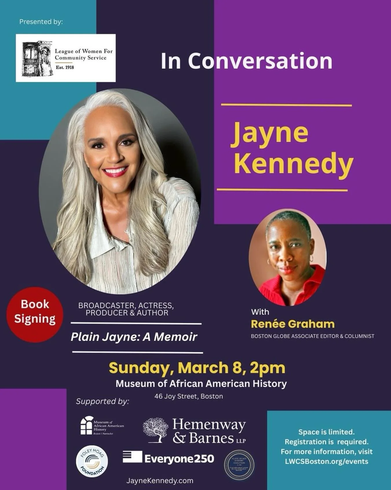Hey Boston! In honor of Women&rsquo;s History Month, @LWCSBoston is hosting a free talk with trailblazing broadcaster, actress, producer and author Jayne Kennedy about her new book &ldquo;Plain Jayne: A Memoir&rdquo; with Ren&eacute;e Graham of the B