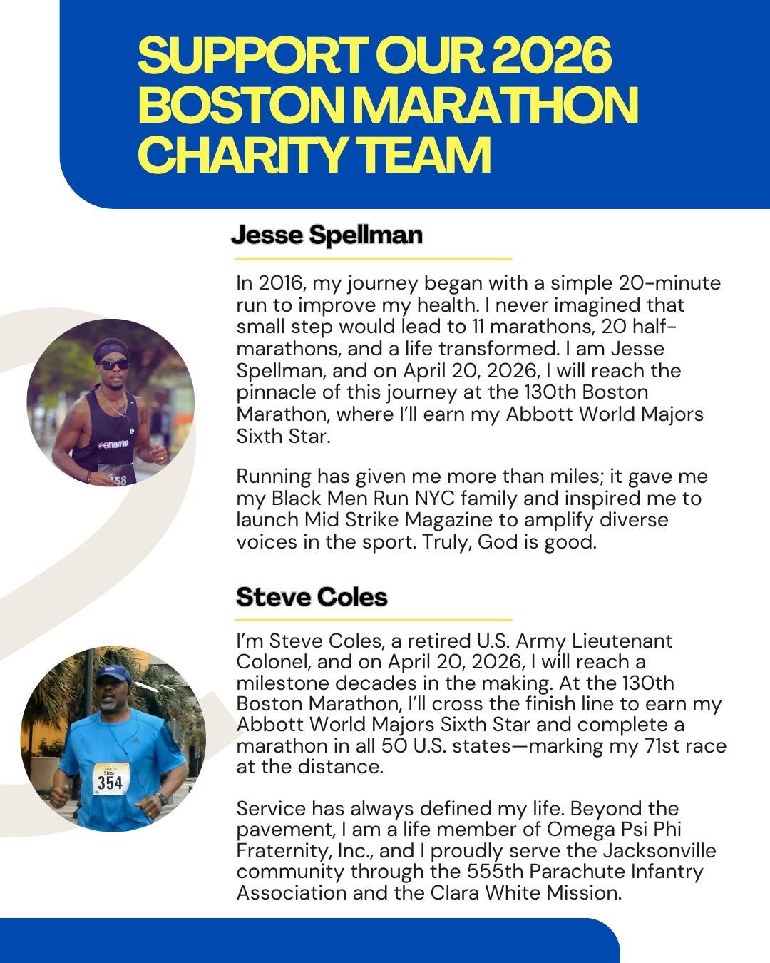 SUPPORT OUR 2026 BOSTON MARATHON CHARITY TEAM
In 2016, my journey began with a simple 20-minute run to improve my health. I never imagined that small step would lead to 11 marathons, 20 half-marathons, and a life transformed. I am Jesse Spellman, and