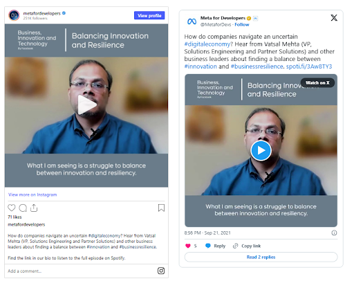 Side-by-side Instagram and X posts promoting a Meta podcast clip about balancing innovation and resilience.