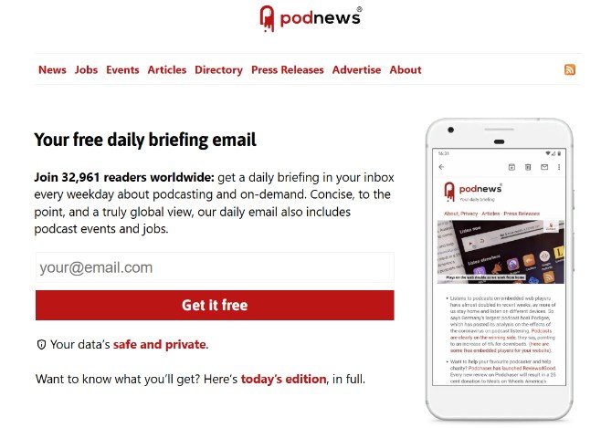 Podcast News Daily makes news their newsletter’s unique value proposition.