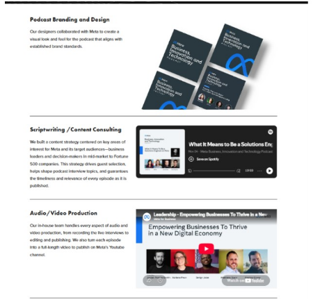 Meta podcast branding, content consulting, and audio-video production examples.
