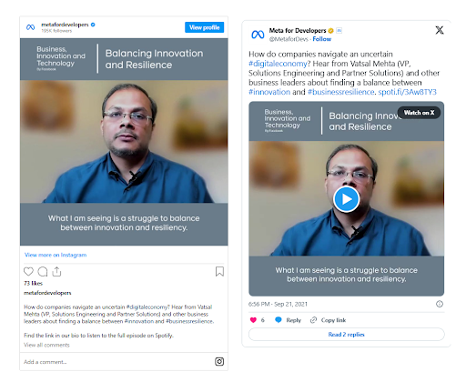 Meta for Developers social media post featuring Vatsal Mehta discussing how businesses balance innovation and resilience in an uncertain digital economy.
