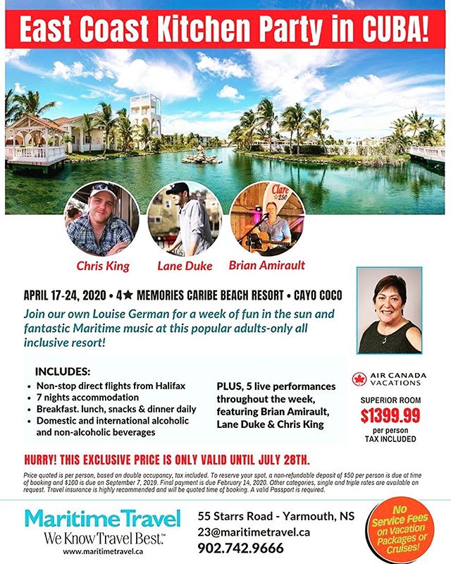 BIG ANNOUNCEMENT!! LANE DUKE IS GOING TO CUBA!!!! I will be preforming 5 shows in Cayo Coco in April. Full authentic East Coast Kitchen Party under the Cuba sun. Exclusive price only available for next few days. Don&rsquo;t hesitate. Contact Louise G