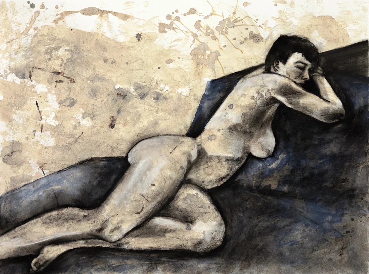Reclined on Blue Charcoal, Coffee, Pastel, Gesso 18 x 24 2018