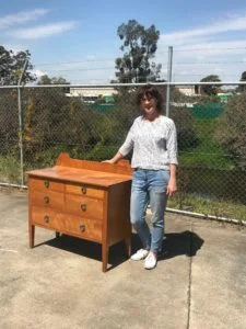 Sally our woodworking student and her wonderful restored chest of drawers