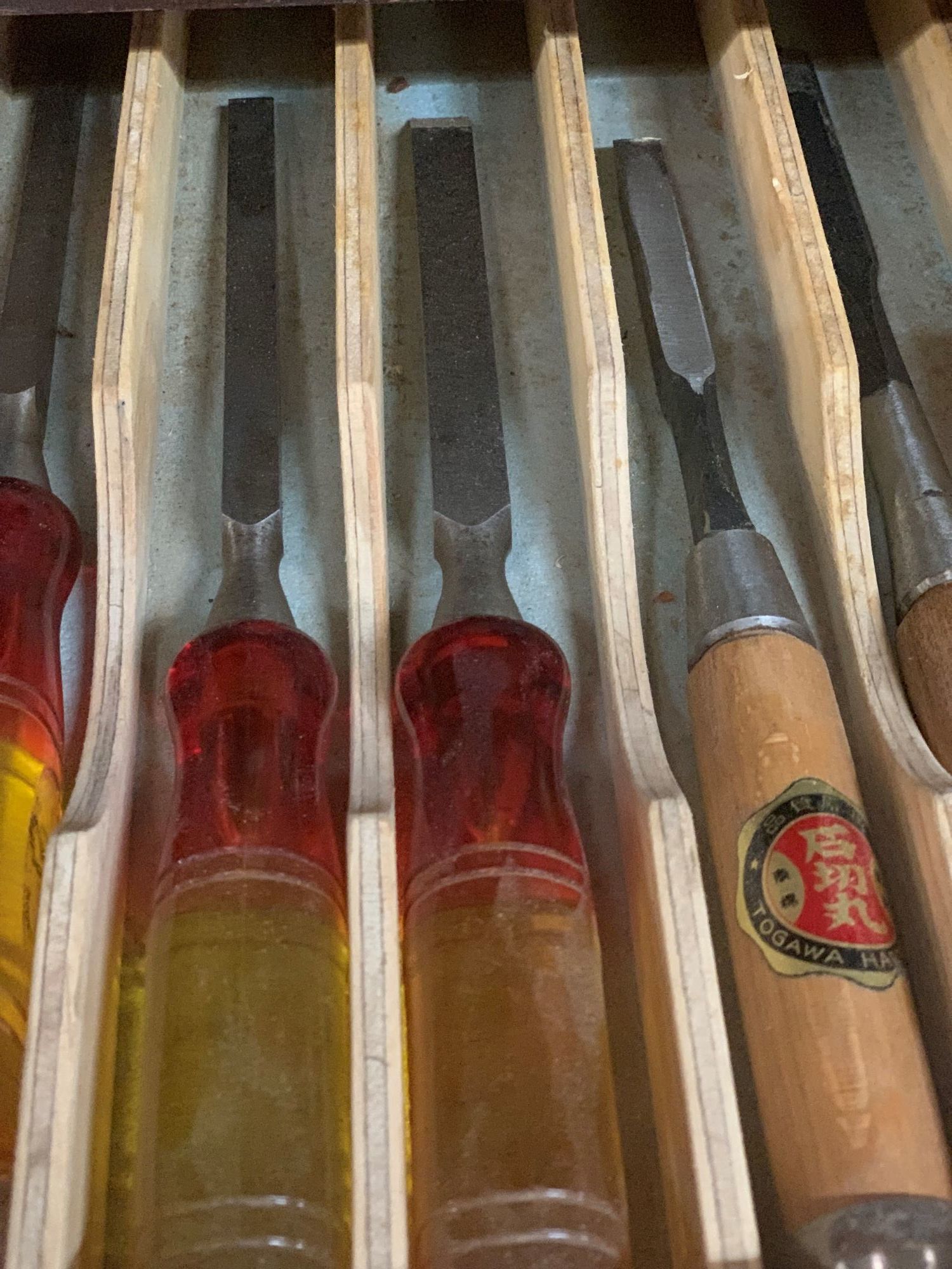 A mix of English and Japanese mortice chisels which Stuart has had for over 32 years and are still going strong.