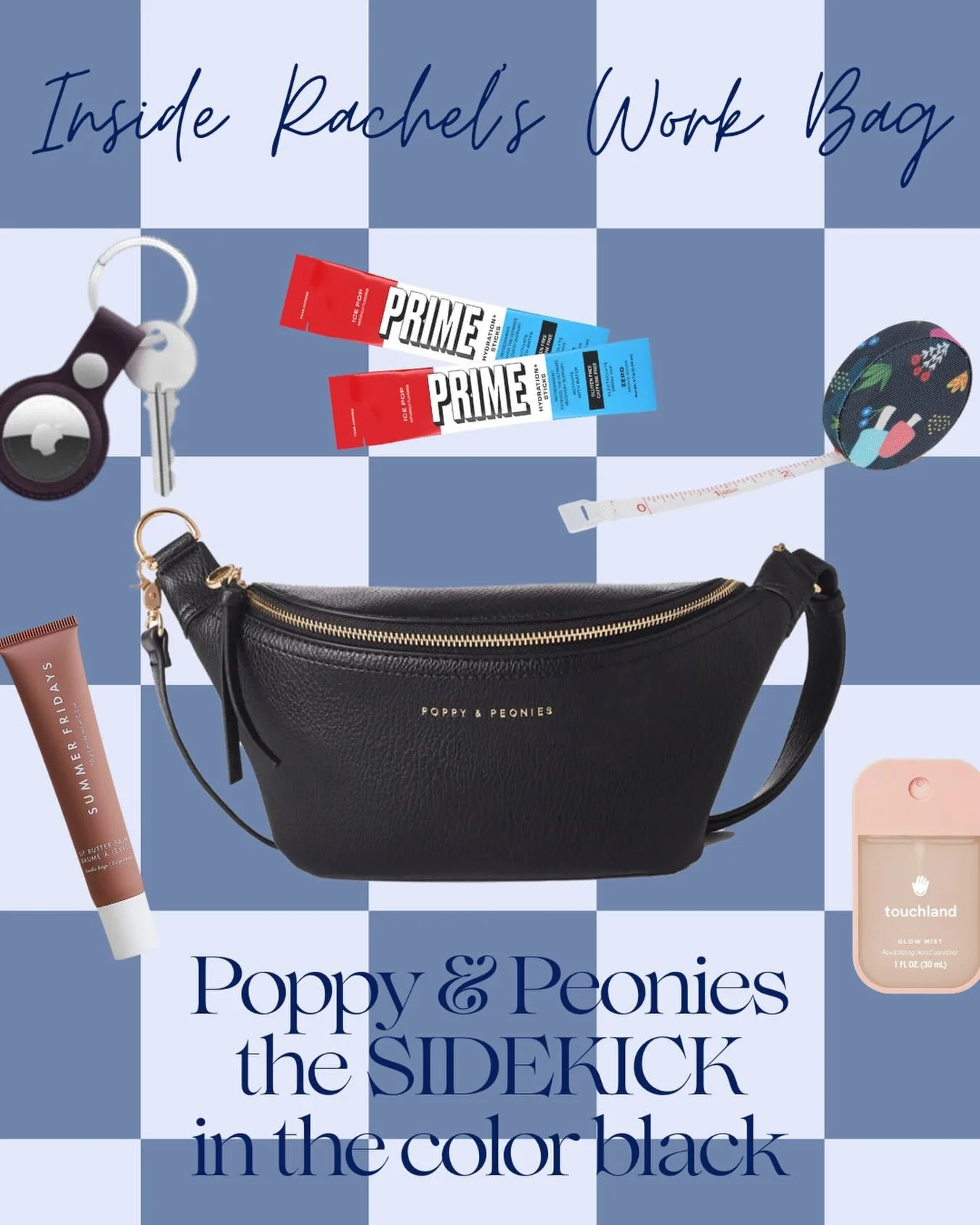 Rachel&rsquo;s go-to on-site bag is a crossbody because it&rsquo;s small, hands-free, and can only fit essentials. Inside you&rsquo;ll find her non-negotiables. She always brings an Apple AirTag to never lose her items in the chaos. Rachel also has a