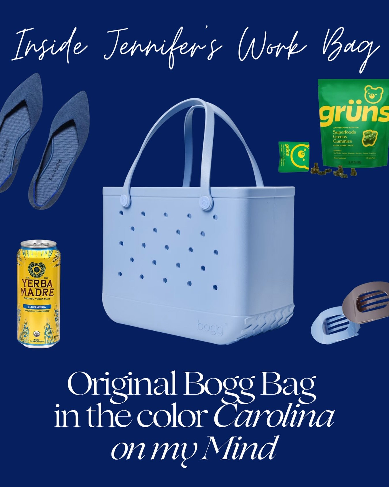 Jennifer&rsquo;s go-to &ldquo;on-the-go&rdquo; bag is her beloved Bogg Bag! It fits everything in there including all of her on-site event essentials. Jen always has a pair of Rothy&rsquo;s in her bag since they are so comfortable, especially on long