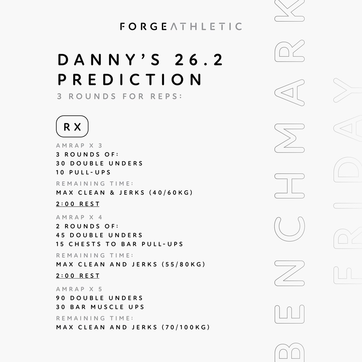 Benchmark Fridays | Danny&rsquo;s 26.2 Prediction
-
Stay smooth on double unders, be quick on the pull-ups and aim to hit the clean and jerks with :30+ left each round.
-
Who&rsquo;s up for the challenge?
-
⚒️ #forgeathletic