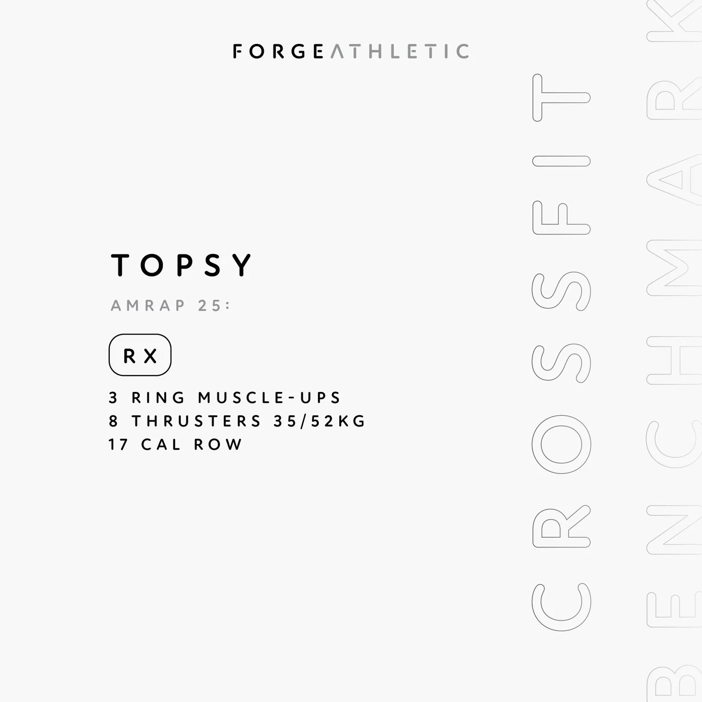 Benchmark | Topsy
-
Topsy is a challenging 25-minute AMRAP that brings a bit of everything!
-
Ring muscle-ups test your skill, thrusters burn the legs + lungs and the row keeps you moving.
-
Settle in, stay smooth and get ready to work.
-
⚒️ #forgeat
