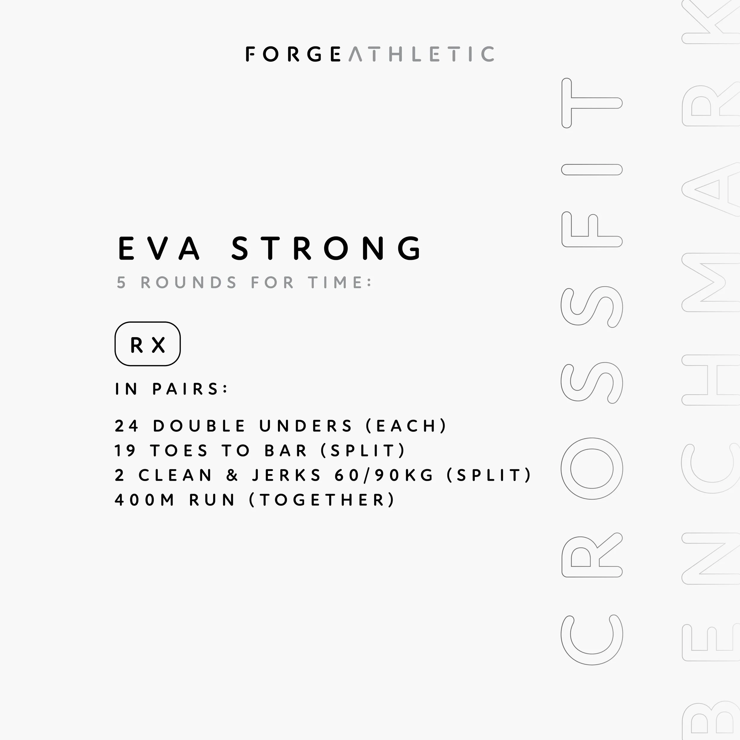 Crossfit Benchmark | Eva Strong
-
Eva Strong is all about staying smooth on the double unders, sharing the toes-to-bar smart and hitting those heavy clean and jerks with intent.
-
Run together, recover together and keep the transitions sharp so your 