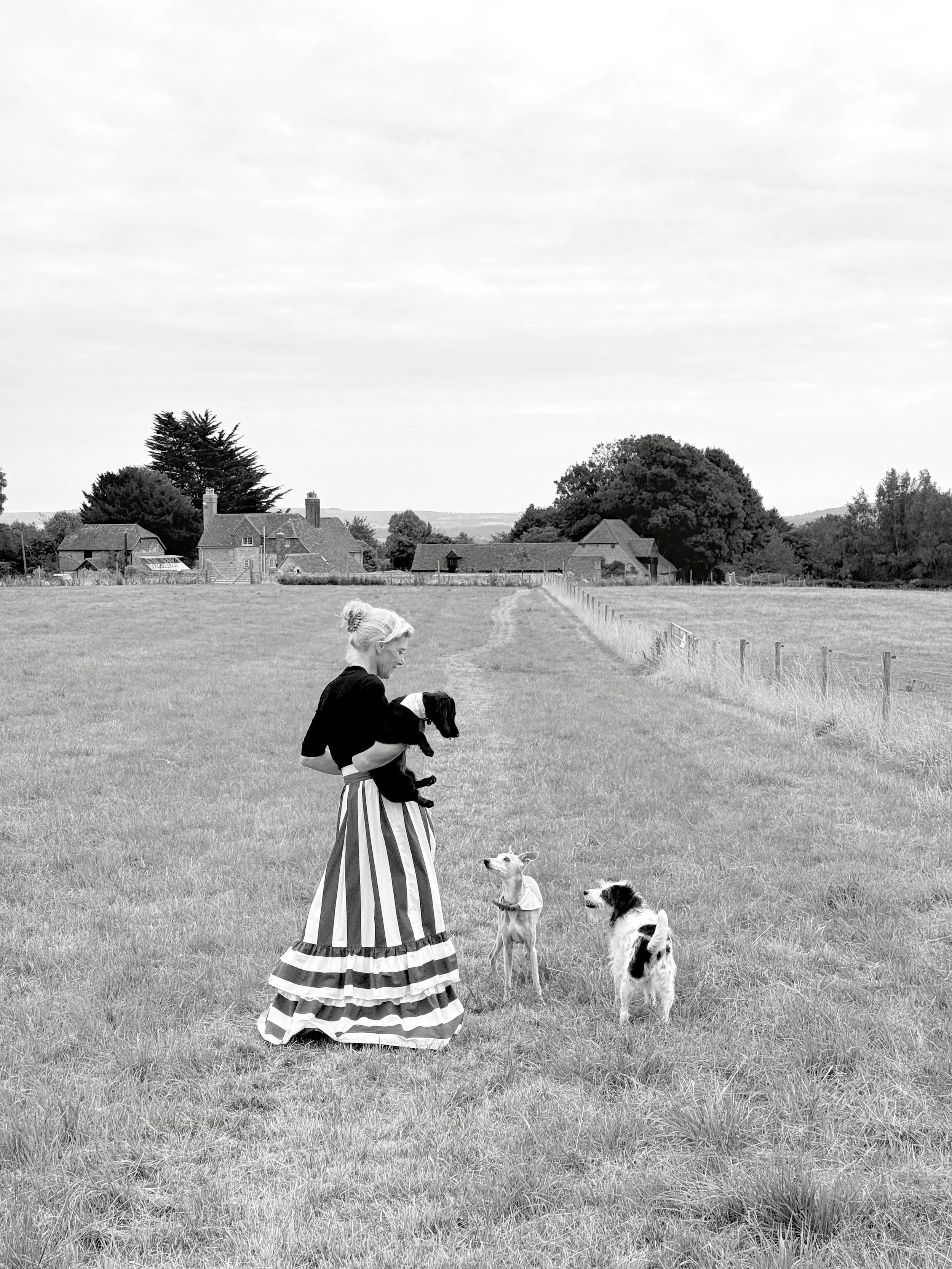 Harriet Anstruther, woman, striped skirt, countryside, dogs, glamour, black and white, Sussex, elegance, cool
