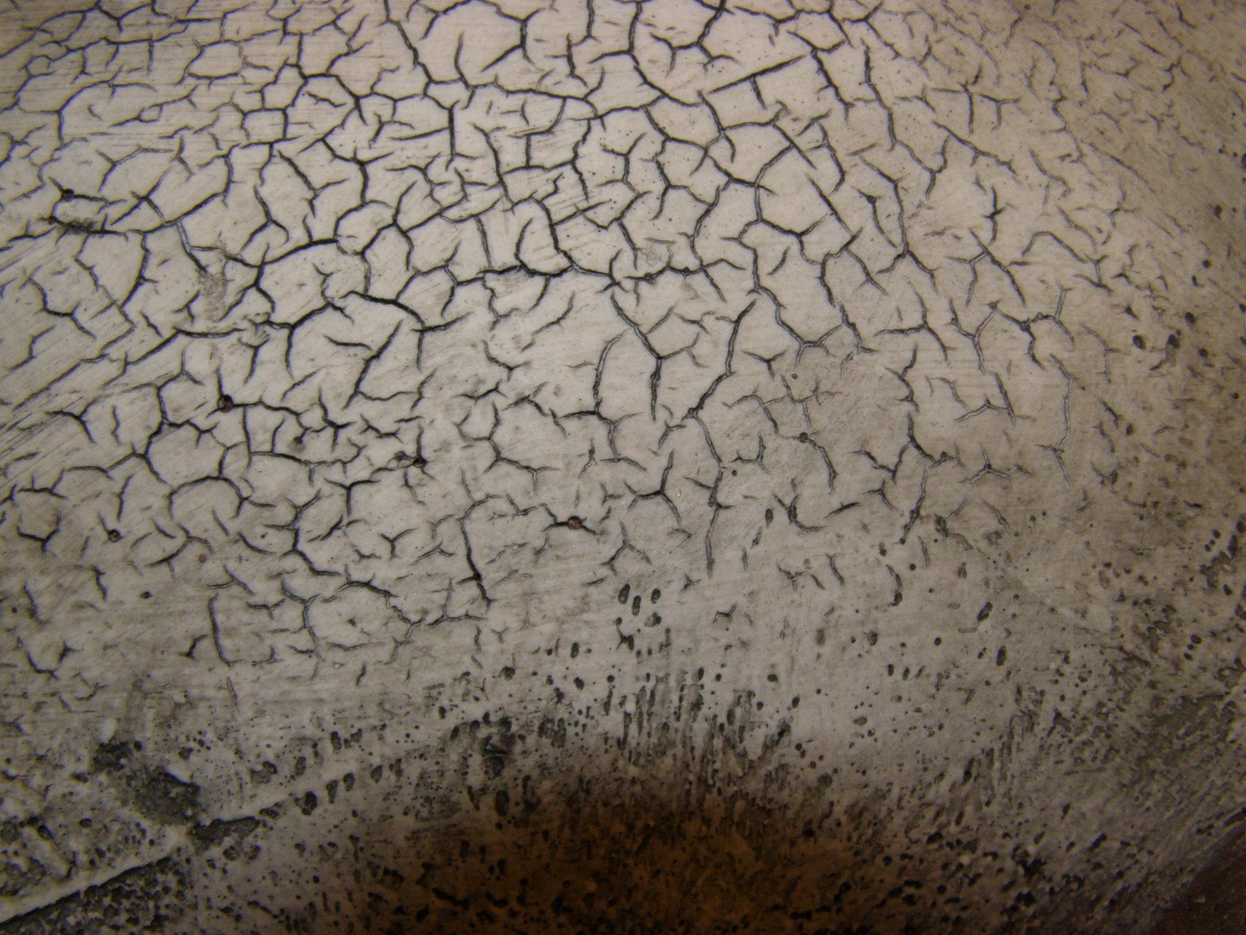 Close-up of cracked and peeling paint on a wall or ceiling.