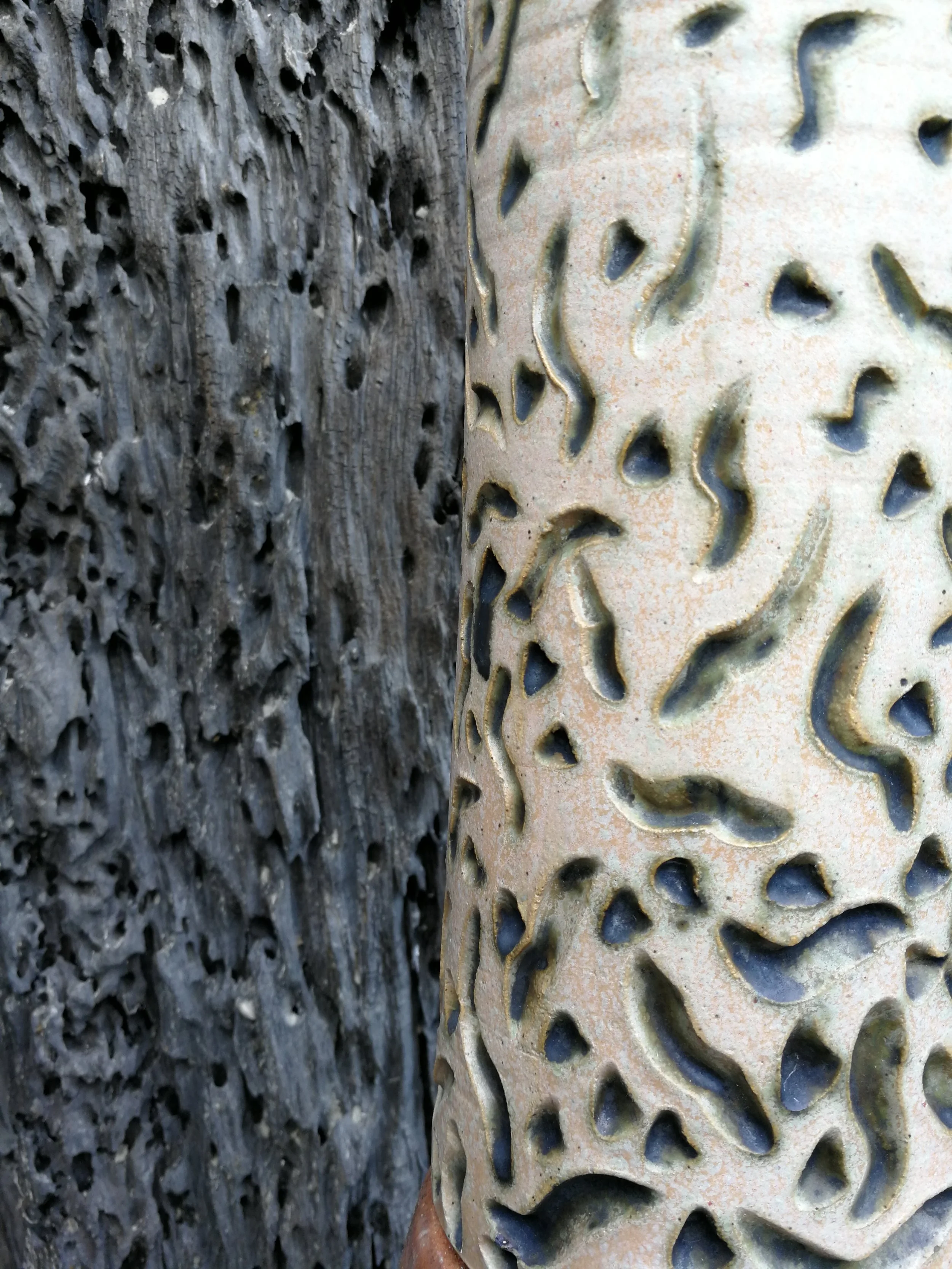 Close-up of two textured surfaces, one with a rough blackened wood appearance with small holes, and the other with a smooth, beige surface with irregular blue and brown holes.