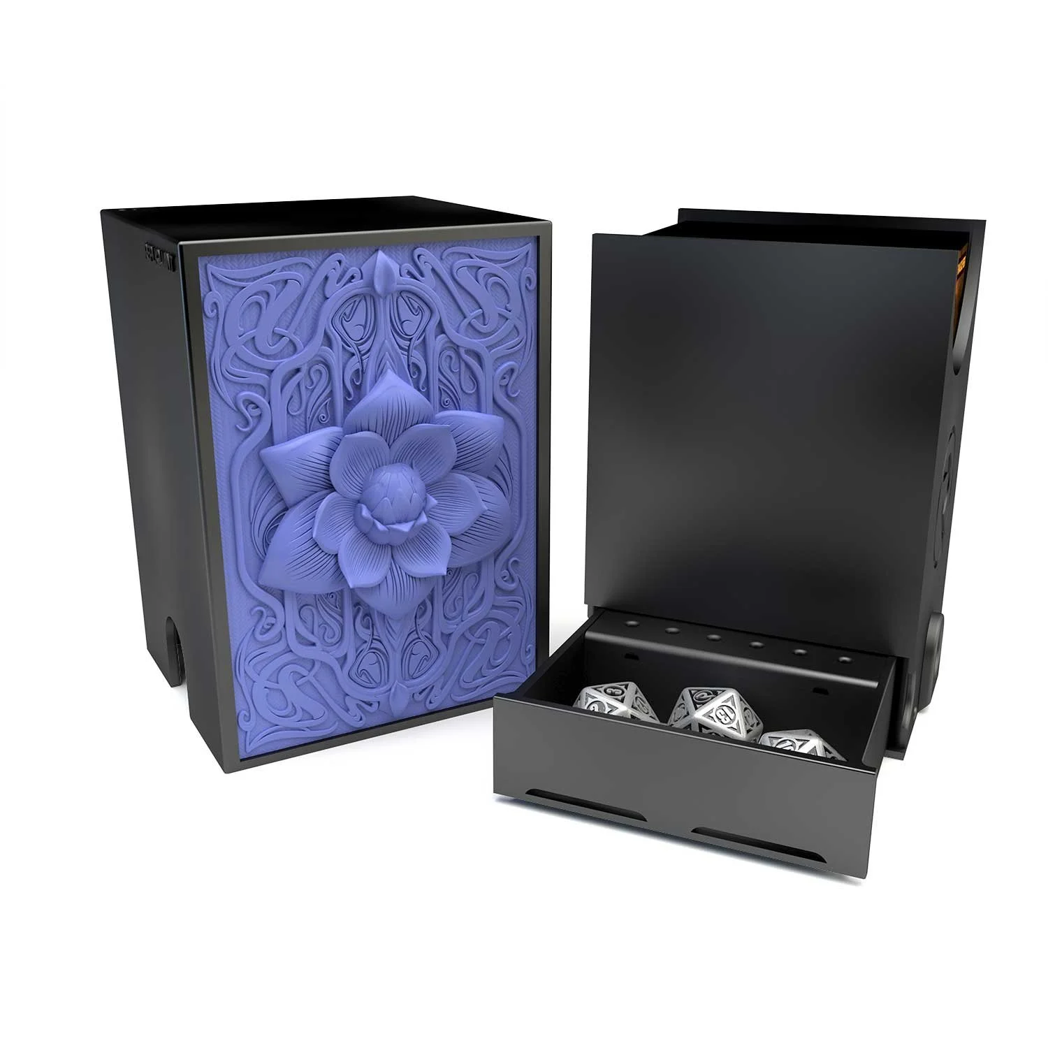 Deck box dans le thème lotus, intérieur 100+ avec un tiroir pour ranger les dés et absorbeur d’humidité.