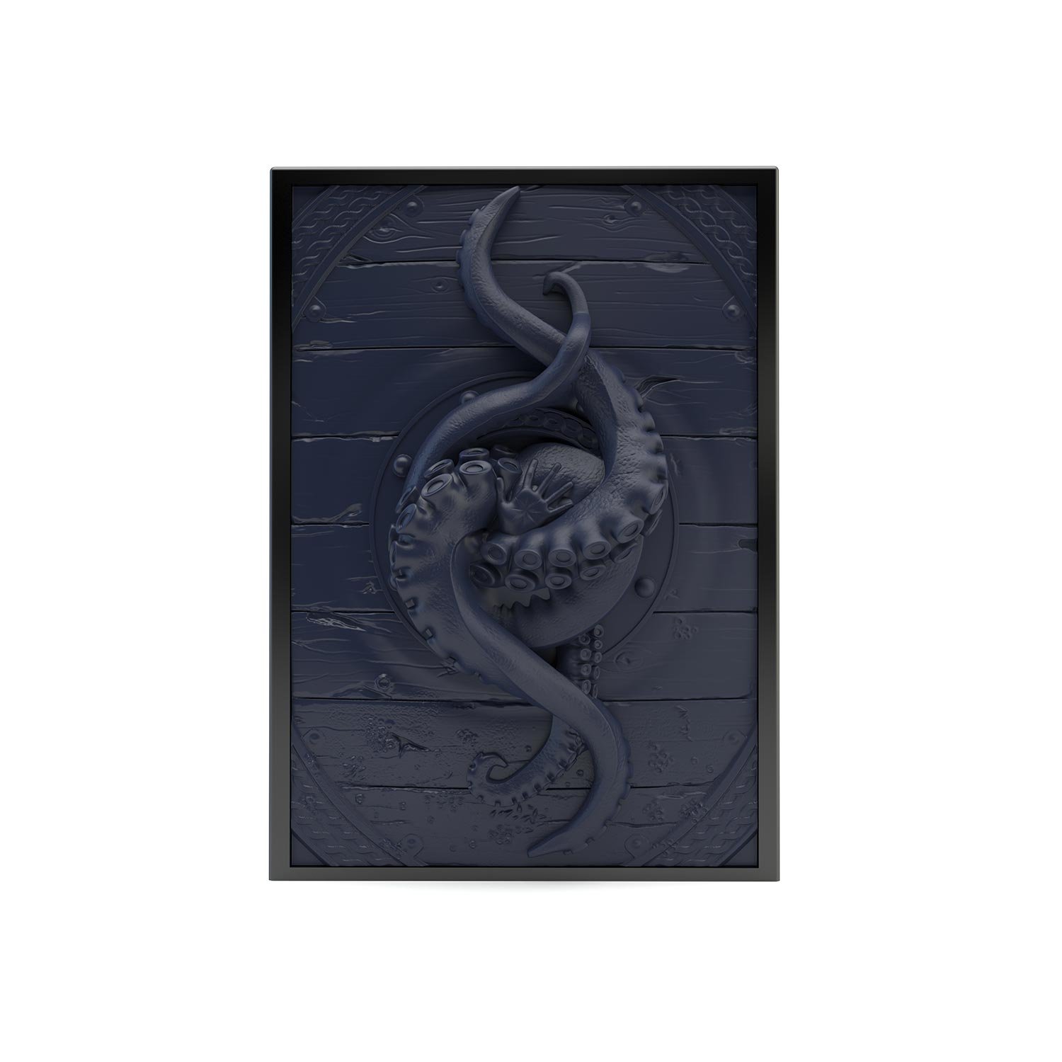 Deck box sculptée avec des tentacules de Kraken bleu. Idéal pour protéger et embellir un deck JCC, format 100+ ou 60+15. Vue de face, boité fermée.