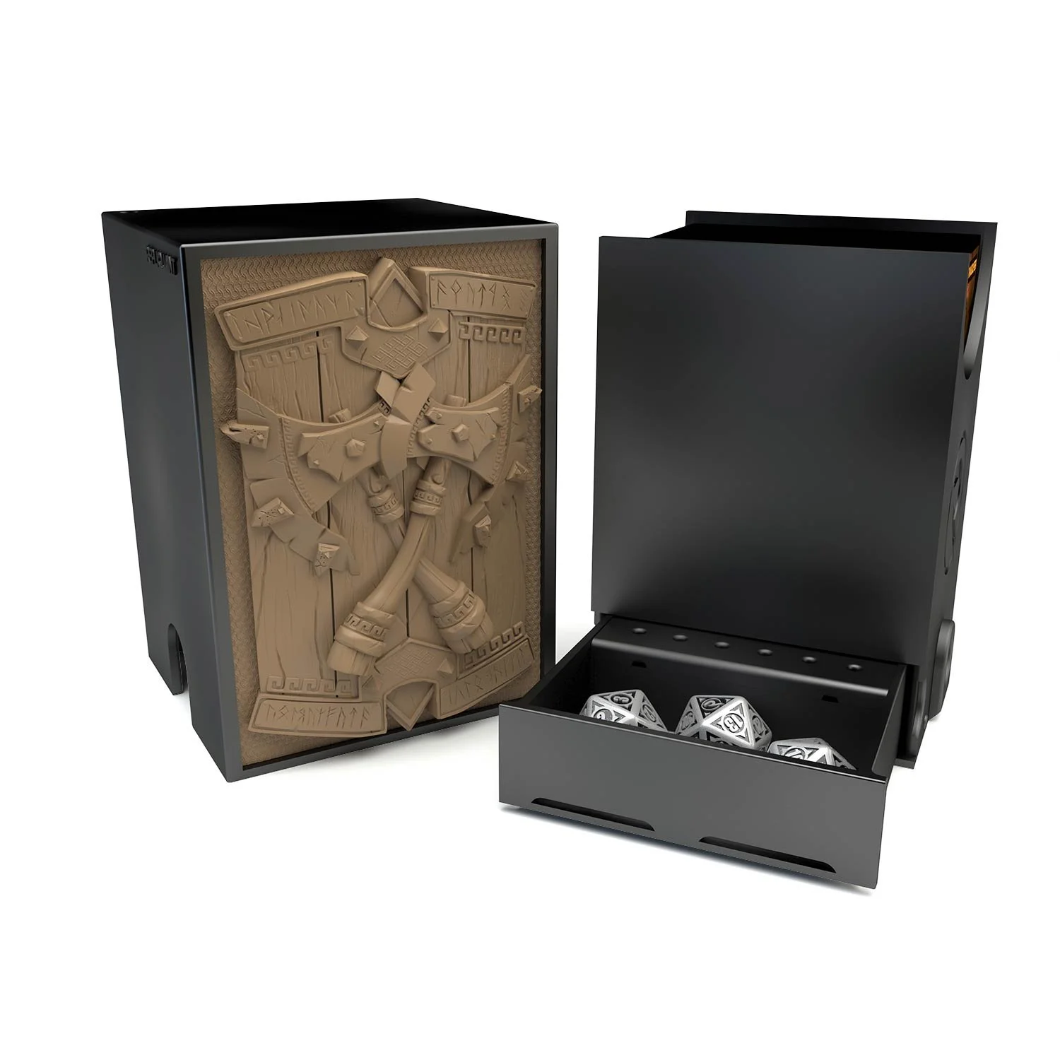 Deck box dans le thème hache, intérieur 100+ avec un tiroir pour ranger les dés et absorbeur d’humidité.