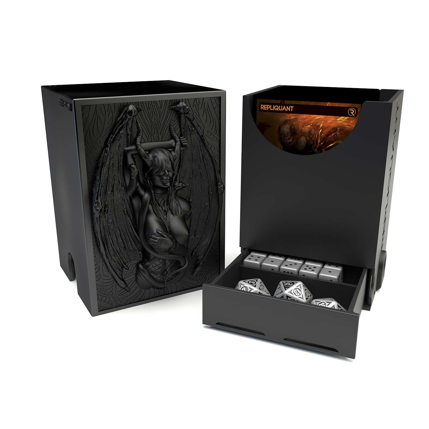 Deck box dans le thème lilith, intérieur 60+15 avec un tiroir pour ranger les dés et absorbeur d’humidité.