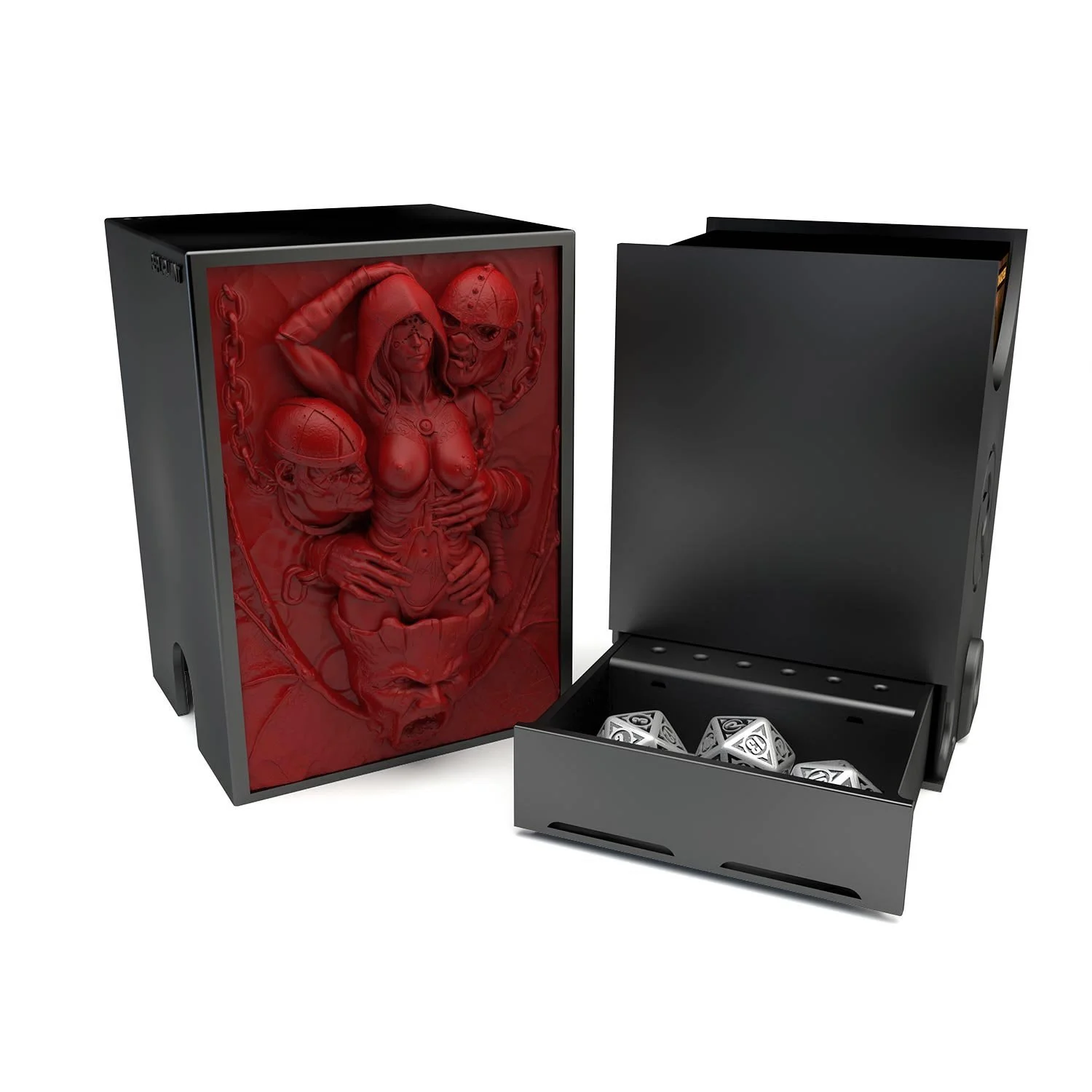 Deck box dans le thème damnation, intérieur 100+ avec un tiroir pour ranger les dés et absorbeur d’humidité.