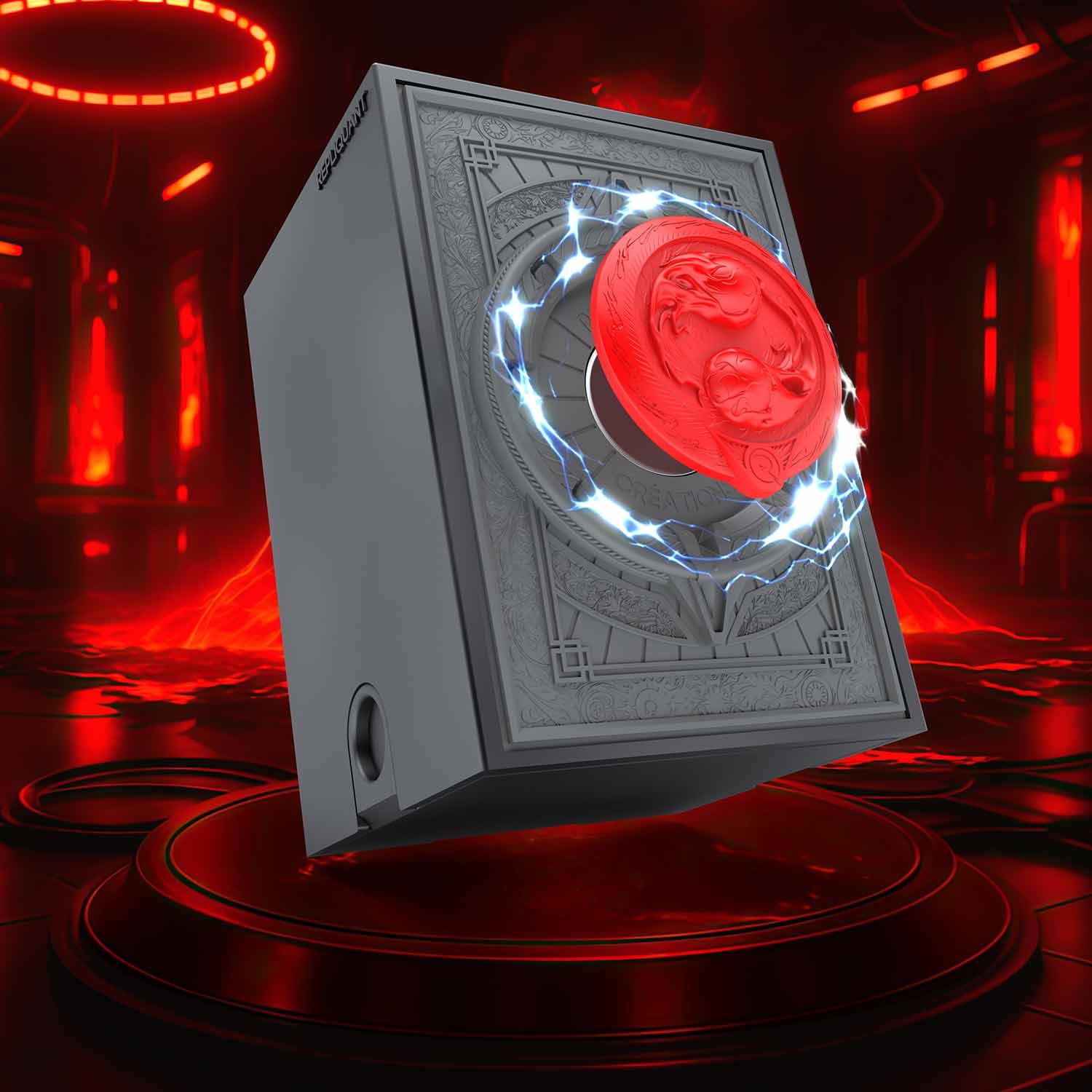 Image vignette de la deck box sculptée représentant deux boules de feu, prêt à protéger les cartes contre l’adversité. Format compatible JCC, en résine peinte ou personnalisable.