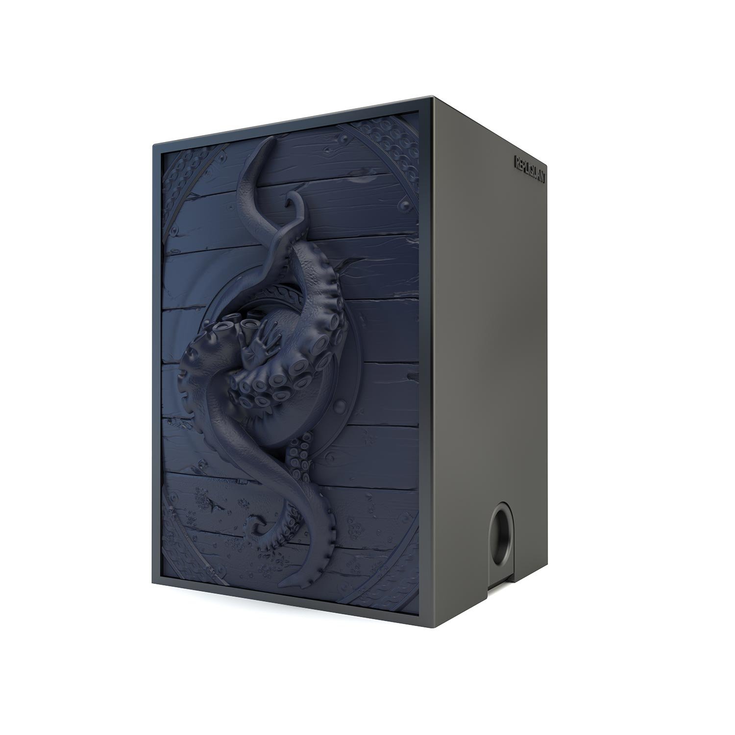 Deck box sculptée avec des tentacules de Kraken bleu. Idéal pour protéger et embellir un deck JCC, format 100+ ou 60+15. Vue de droite, boité fermée.
