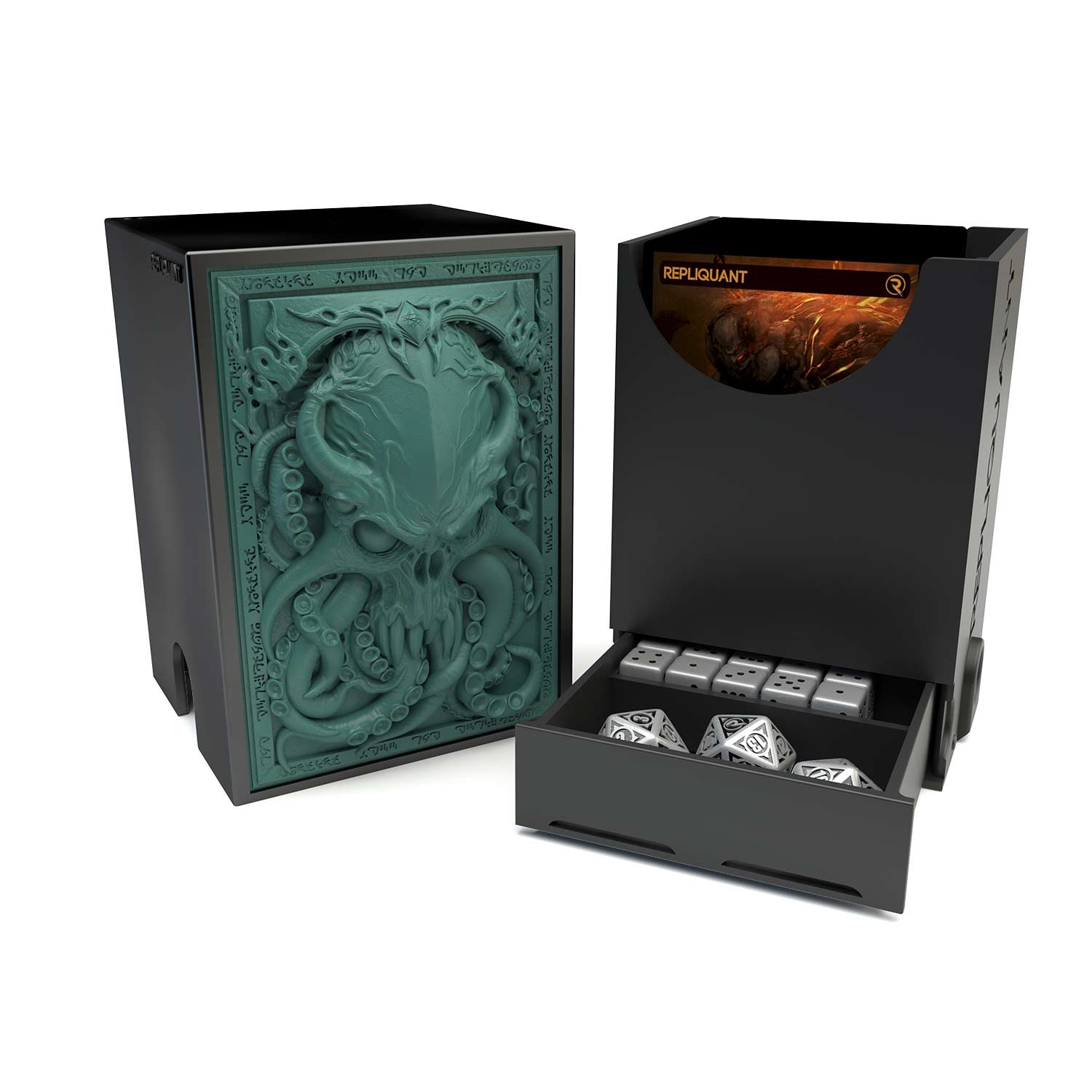 Deck box dans le thème Cthulhu, intérieur 60+15 avec un tiroir pour ranger les dés et absorbeur d’humidité.