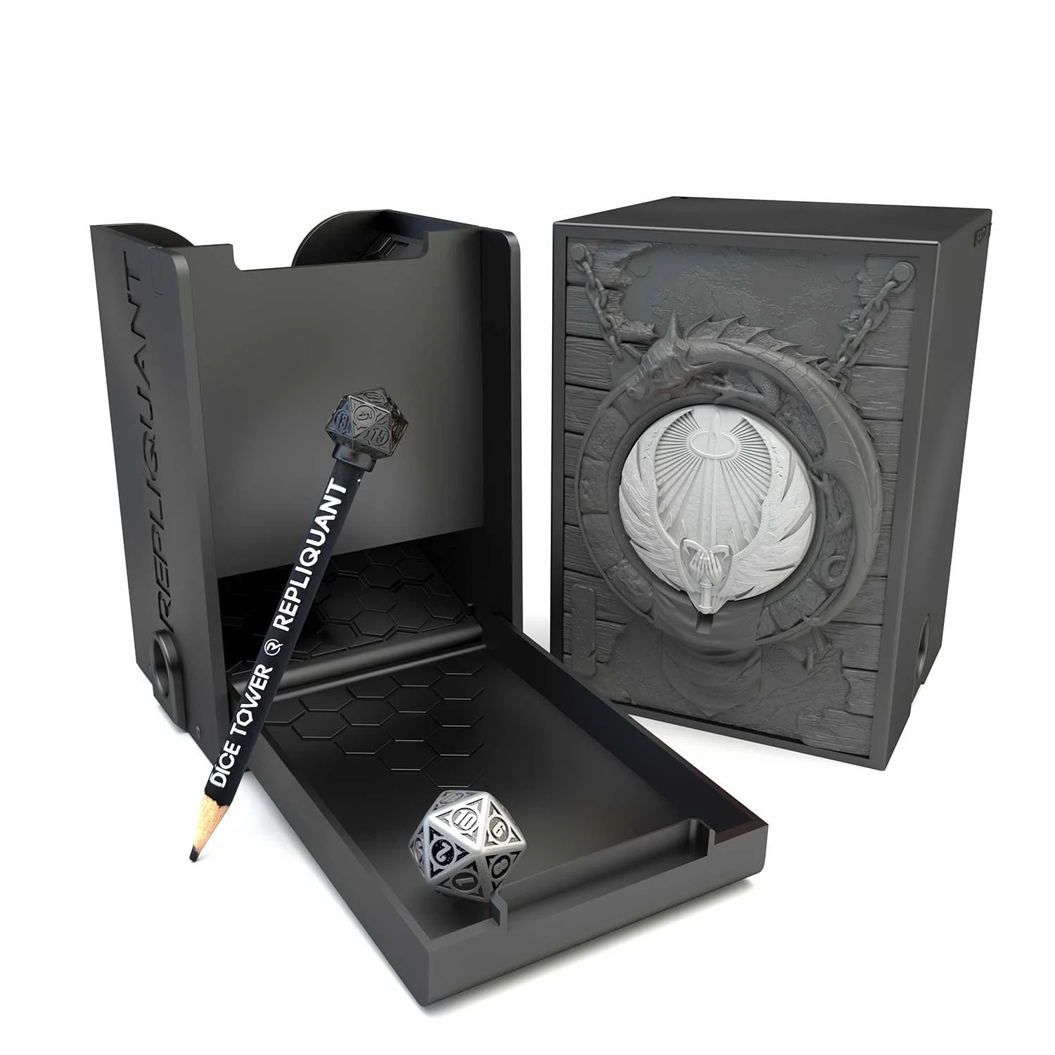 Image vignette de la tour à dé sculptée représentant un symbole paladin blanc. Format compatible avec l’ensemble des sets de dés, en résine peinte ou personnalisable.