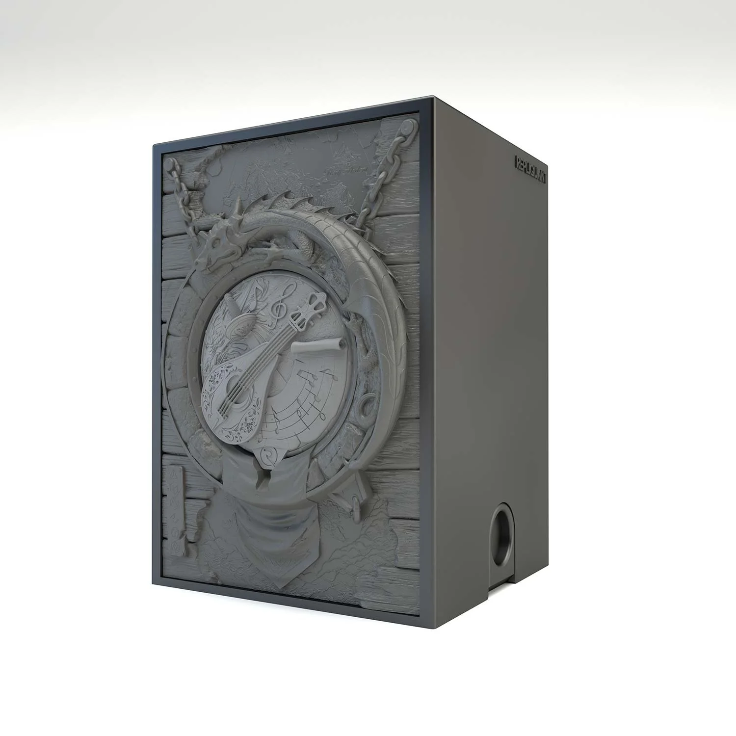 Tour à dé sculptée représentant un symbole barde gris, prêt à transporter vos dés et permet de les lancer. Idéal pour lancer et transporter vos dés. Vue de gauche, boité fermée.