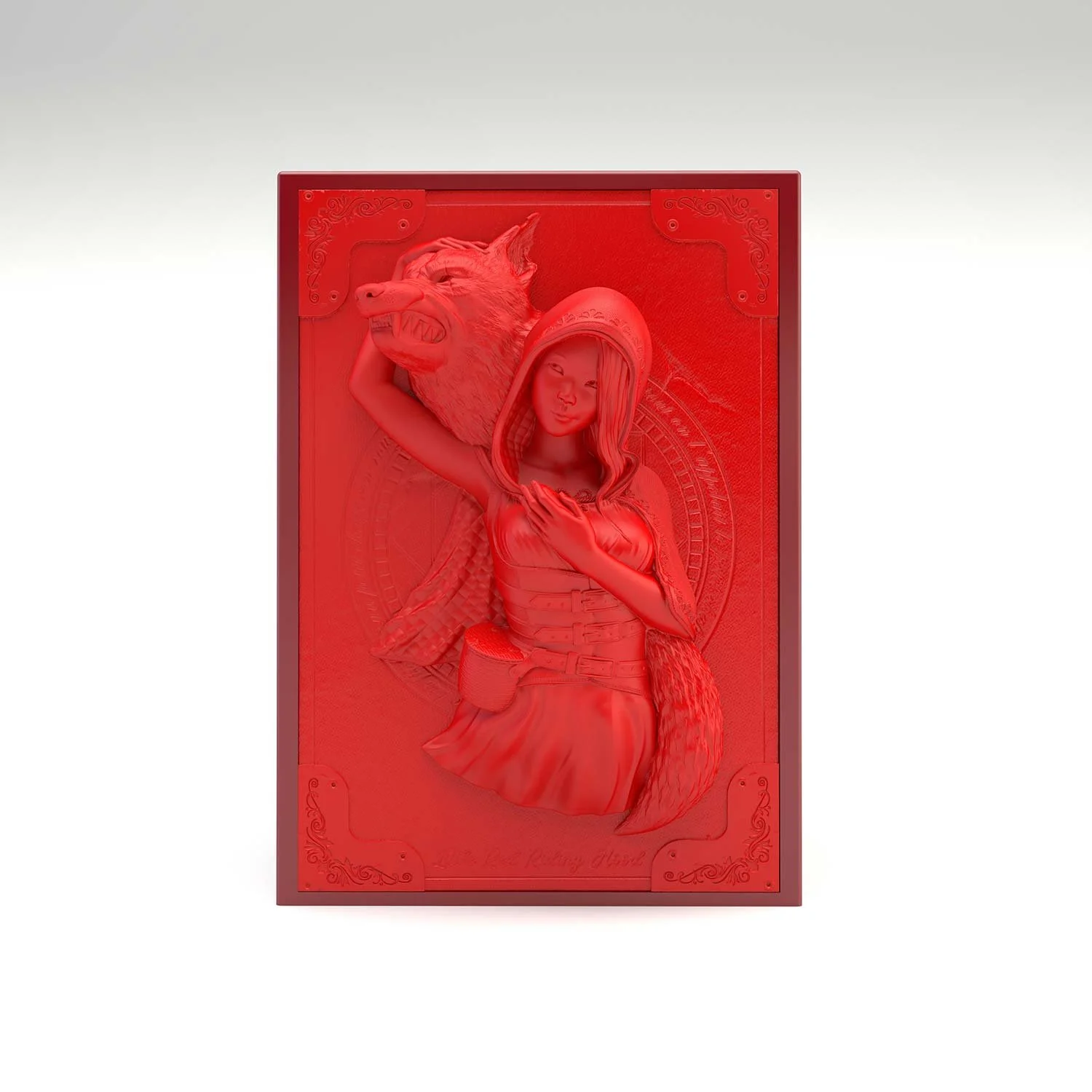 Deck box sculptée du chaperon rouge ayant dompté le grand loup. Idéal pour protéger et embellir un deck JCC, format 100+ ou 60+15. Vue de face, boité fermée.