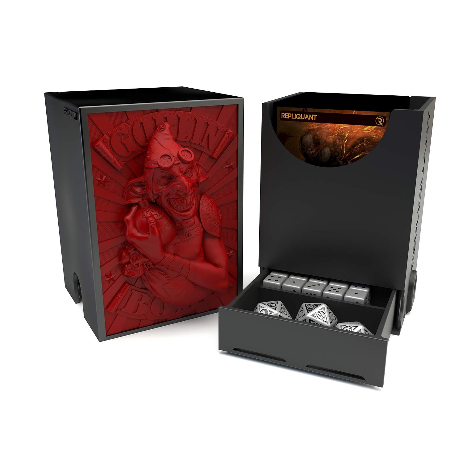 Deck box dans le thème goblin, intérieur 60+15 avec un tiroir pour ranger les dés et absorbeur d’humidité.
