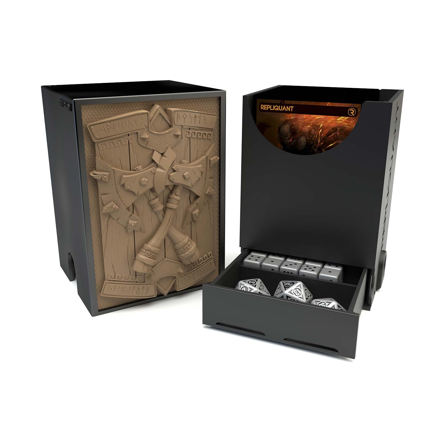 Deck box dans le thème hache, intérieur 60+15 avec un tiroir pour ranger les dés et absorbeur d’humidité.