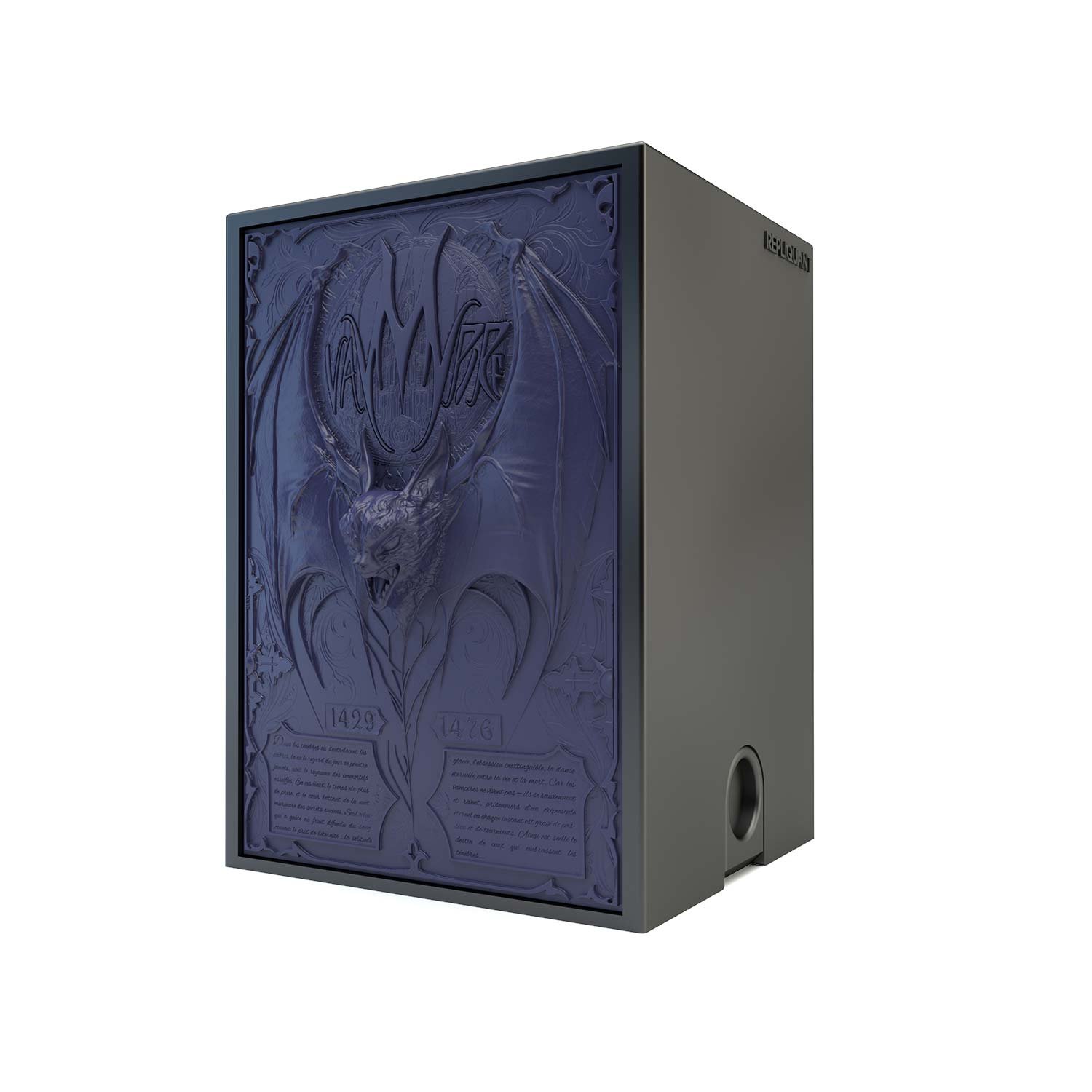 Deck box sculptée d’un vampire transformé en chauvesouris. Idéal pour protéger et embellir un deck JCC, format 100+ ou 60+15. Vue de droite, boité fermée.