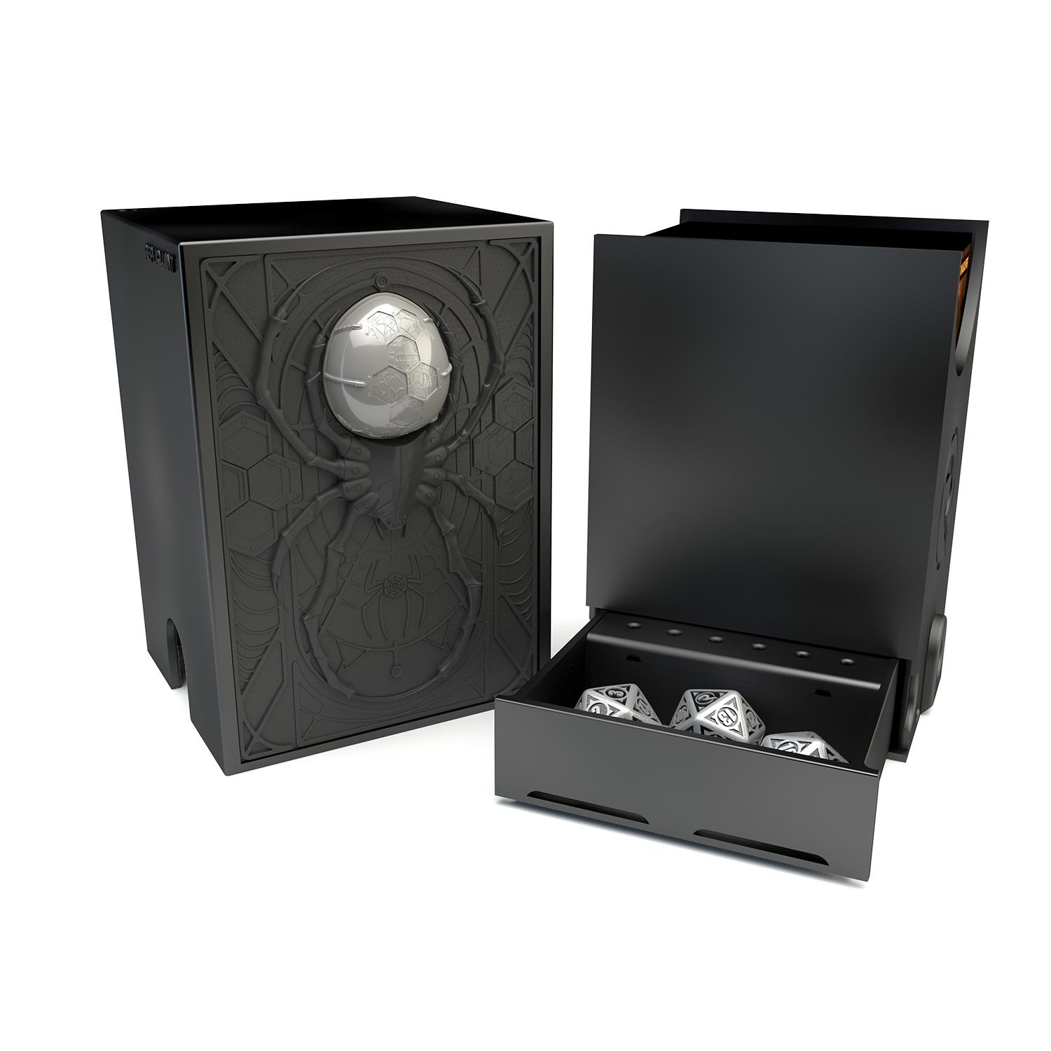 Deck box dans le thème araignée, intérieur 100+ avec un tiroir pour ranger les dés et absorbeur d’humidité.