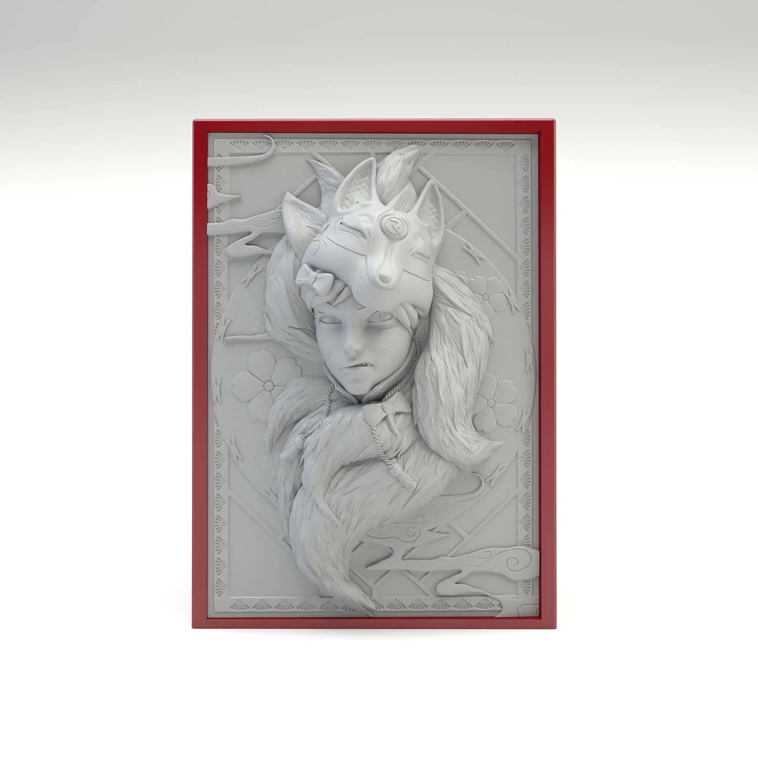 Deck box sculptée d’une kitsune avec son masque et ses queues. Idéal pour protéger et embellir un deck JCC, format 100+ ou 60+15. Vue de face, boité fermée.