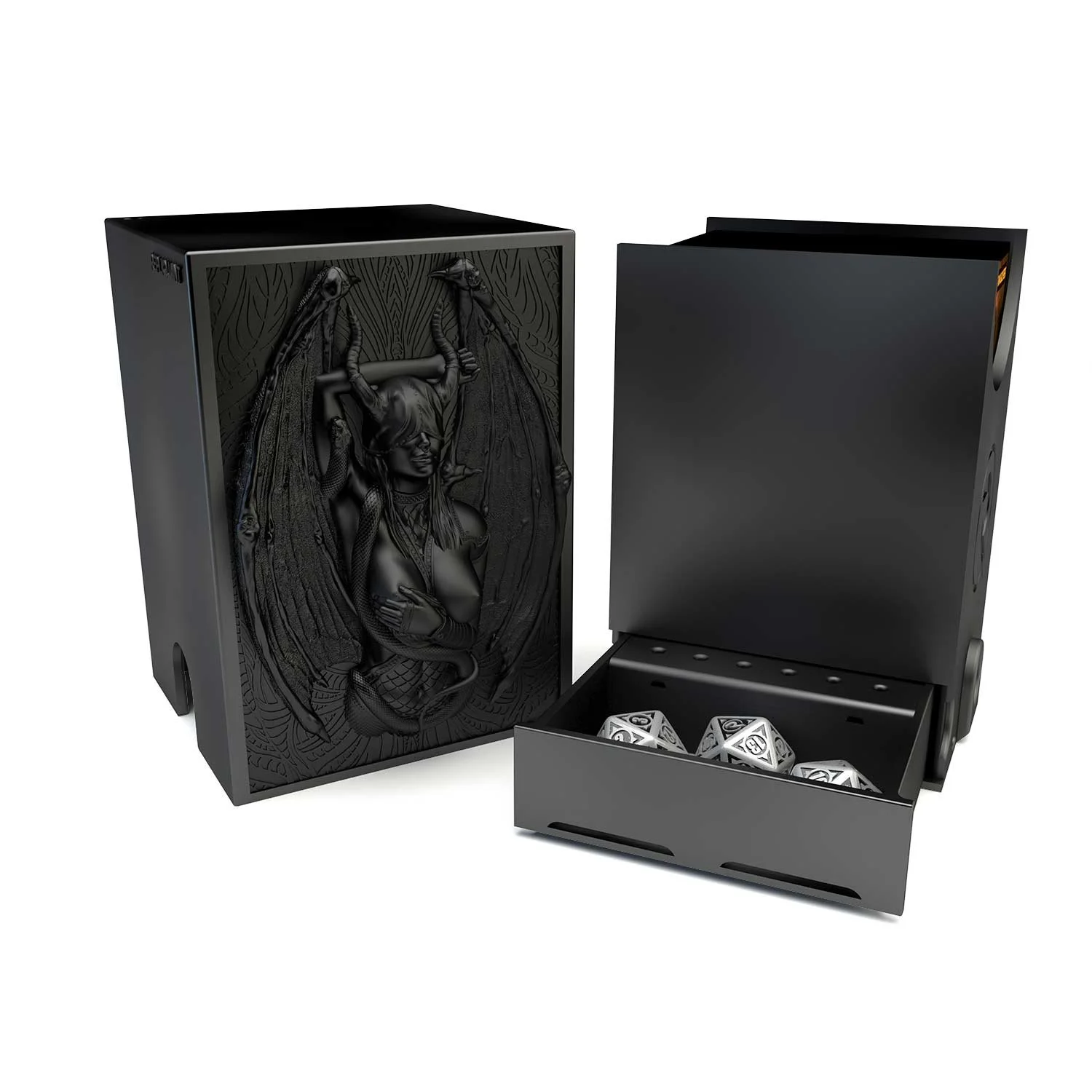 Deck box dans le thème lilith, intérieur 100+ avec un tiroir pour ranger les dés et absorbeur d’humidité.