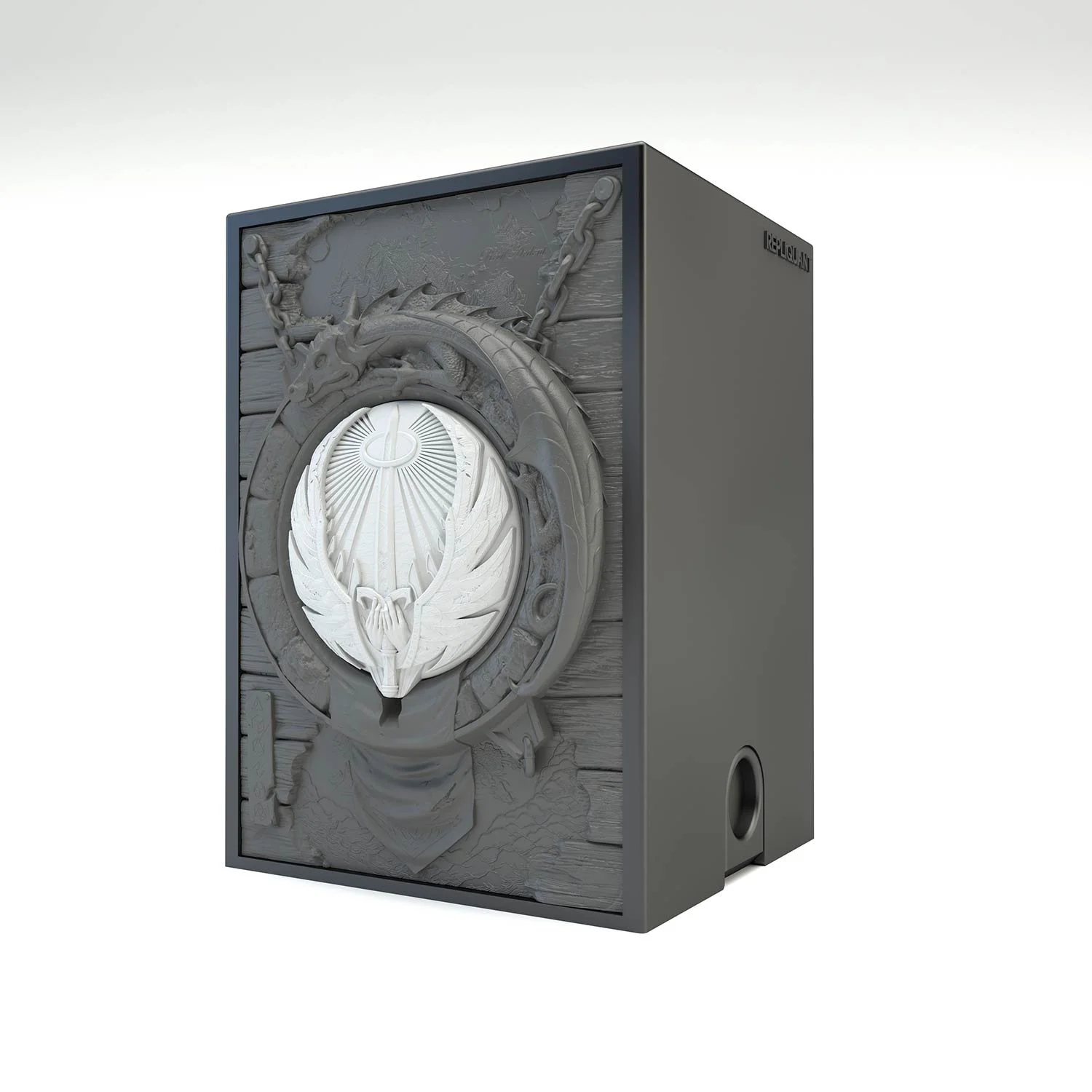 Tour à dé sculptée représentant un symbole paladin blanc, prêt à transporter vos dés et permet de les lancer. Idéal pour lancer et transporter vos dés. Vue de gauche, boité fermée.