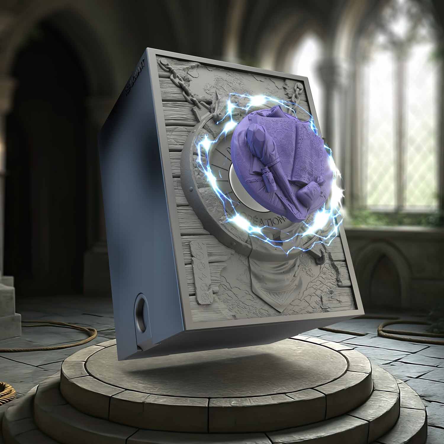 Image vignette de la tour à dé sculptée représentant un symbole magicien violet. Format compatible avec l’ensemble des sets de dés, en résine peinte ou personnalisable.