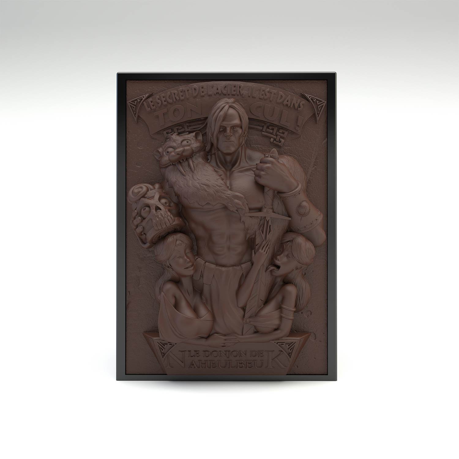 Deck box sculptée Naheulbeuk, Crom tien son épée avec un crane éclater. Idéal pour protéger et embellir un deck JCC, format 100+ ou 60+15. Vue de face, boité fermée.