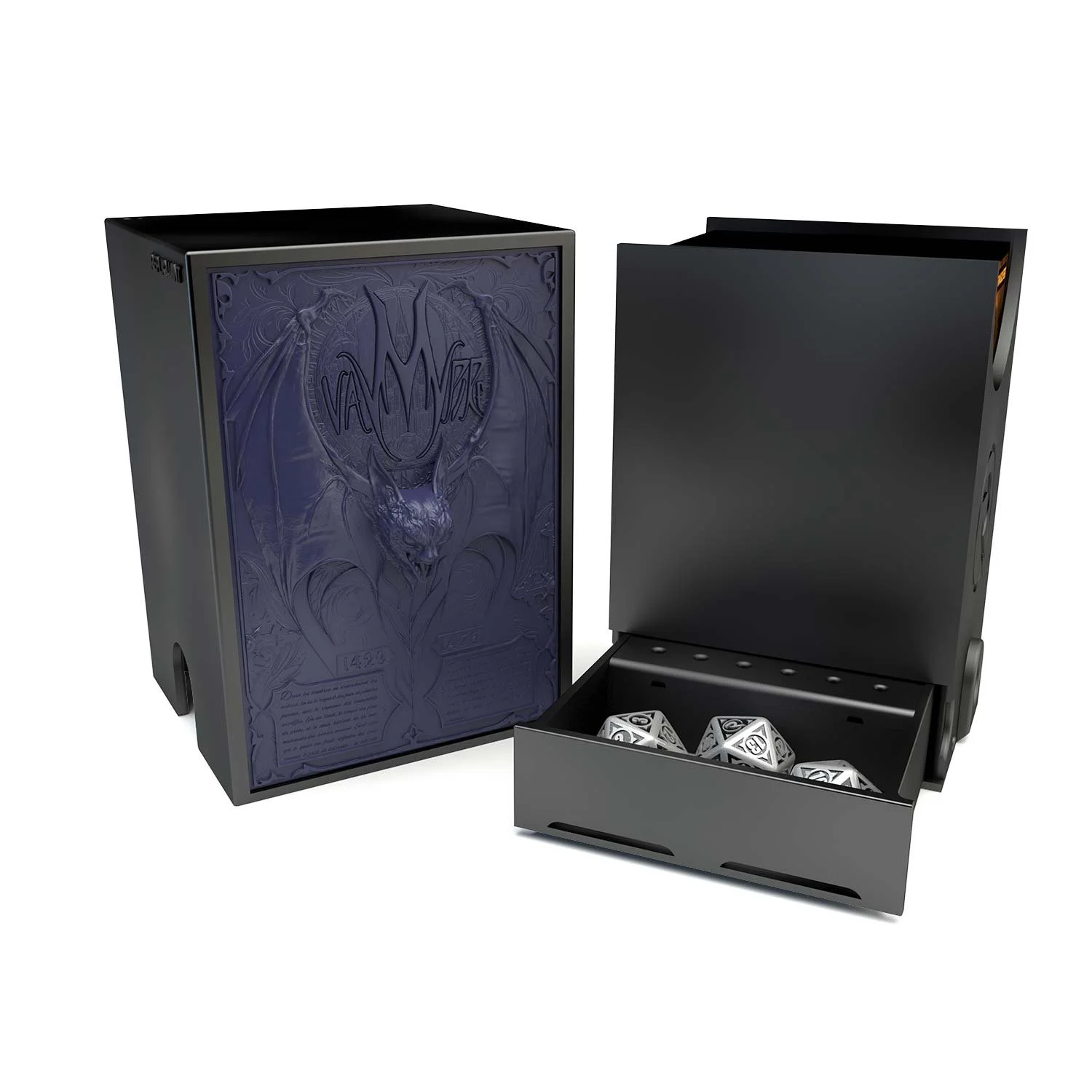 Deck box dans le thème vampire, intérieur 100+ avec un tiroir pour ranger les dés et absorbeur d’humidité.