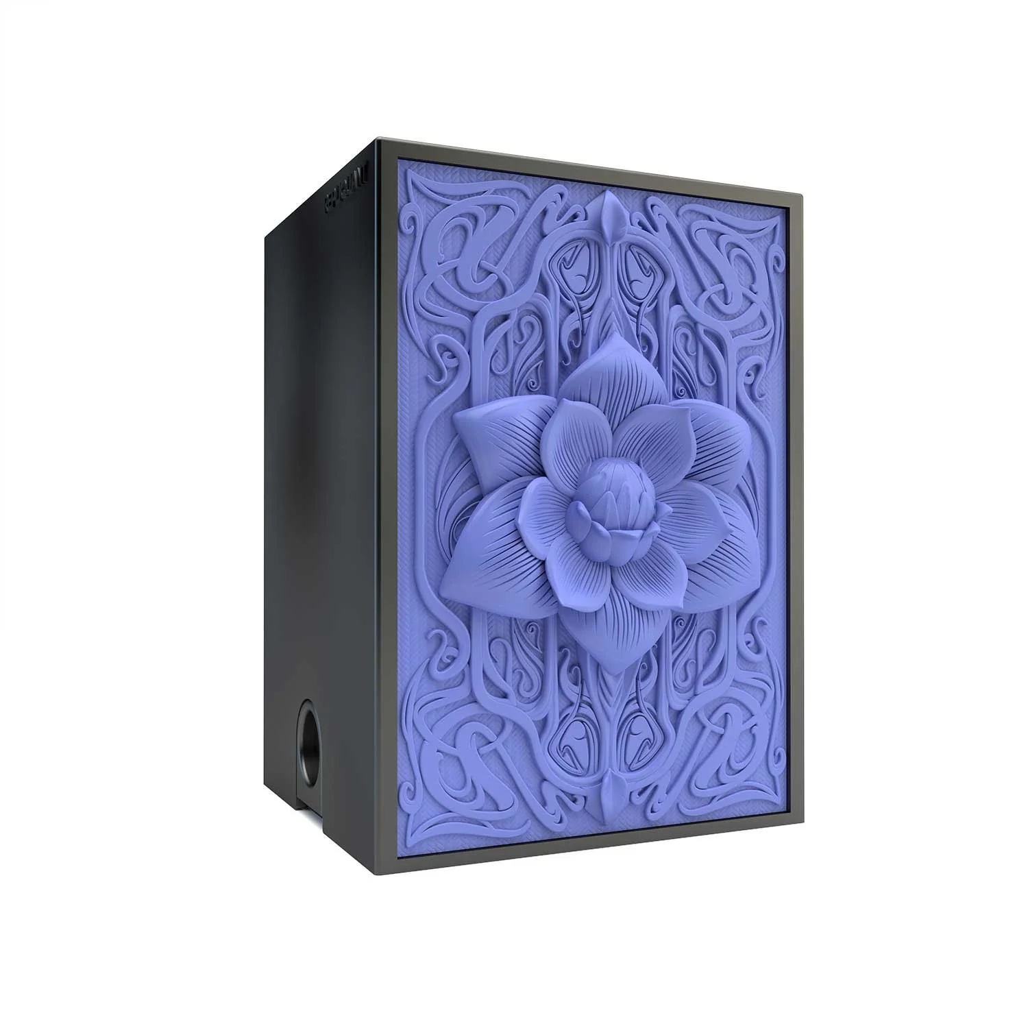 Deck box sculptée avec un lotus dans le style art déco. Idéal pour protéger et embellir un deck JCC, format 100+ ou 60+15. Vue de gauche, boité fermée.