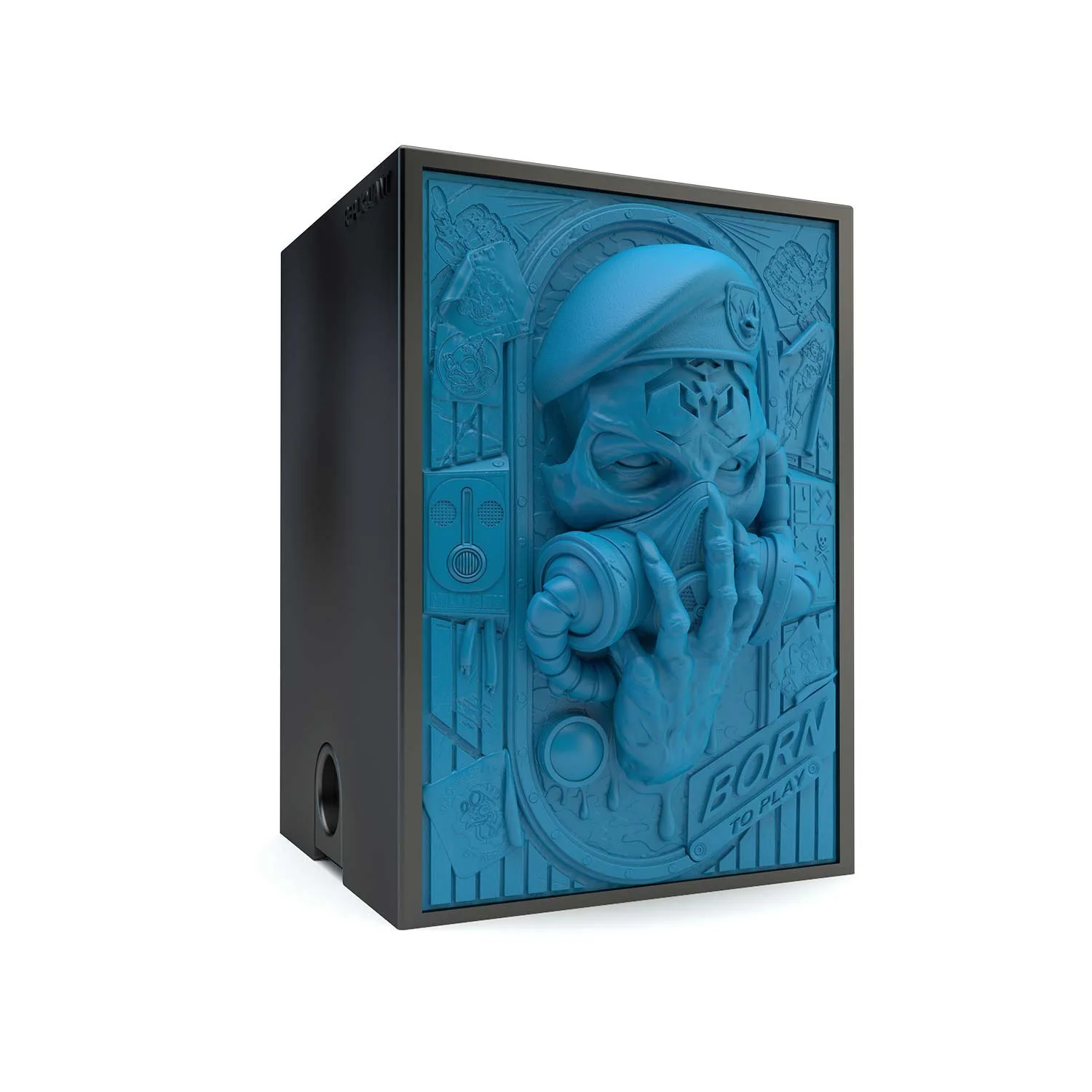 Deck box sculptée post apocalyptique bleu. Idéal pour protéger et embellir un deck JCC, format 100+ ou 60+15. Vue de gauche, boité fermée.