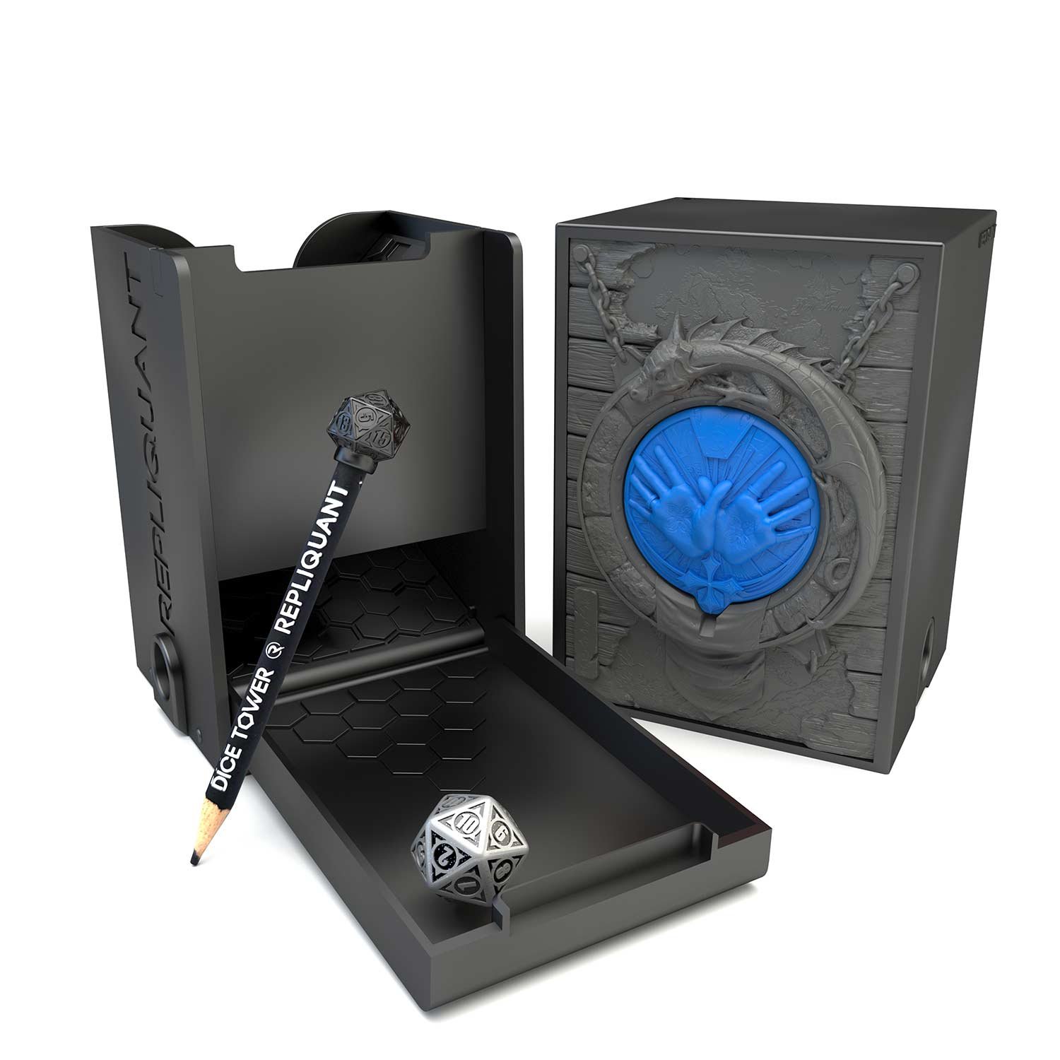 Image vignette de la tour à dé sculptée représentant un symbole clerc bleu. Format compatible avec l’ensemble des sets de dés, en résine peinte ou personnalisable.