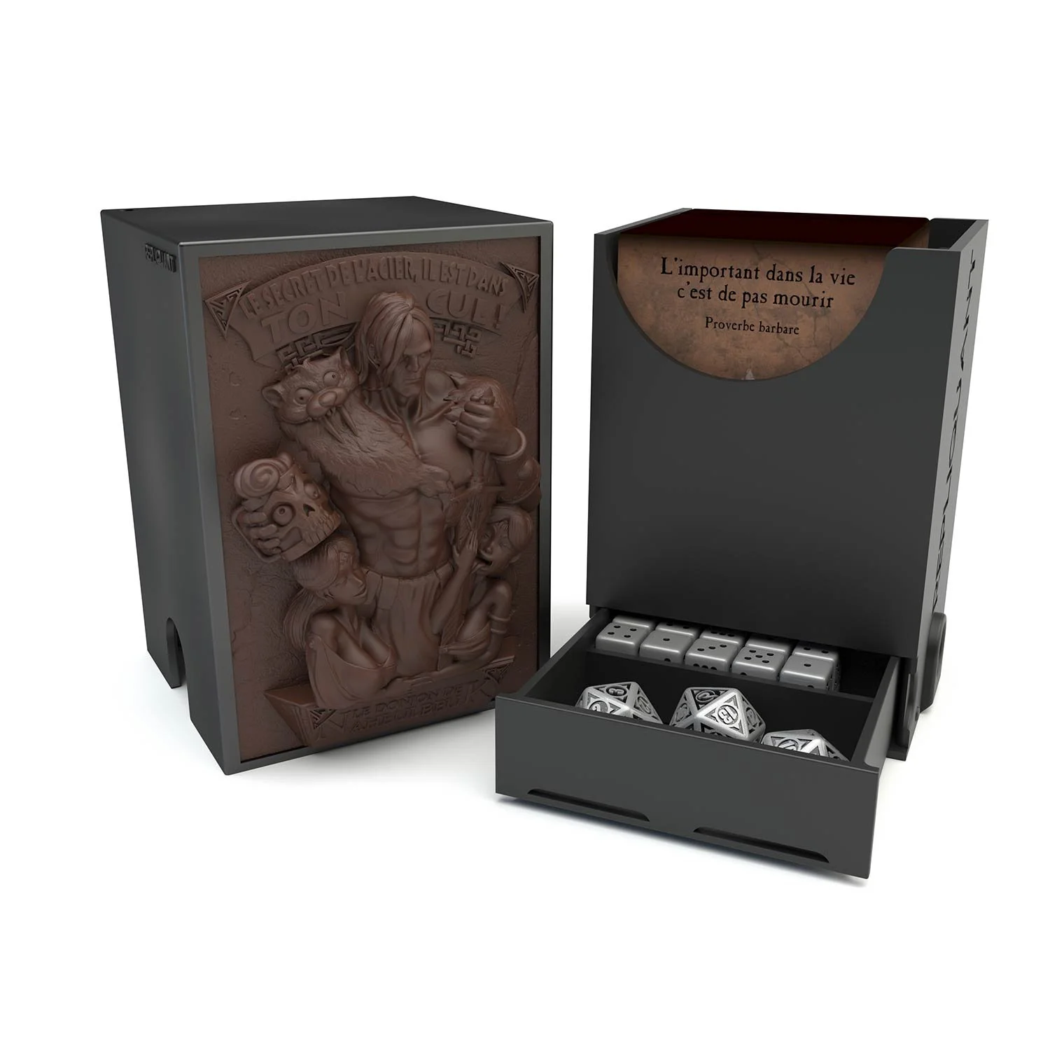 Deck box dans le thème Naheulbeuk, intérieur 60+15 avec un tiroir pour ranger les dés et absorbeur d’humidité.