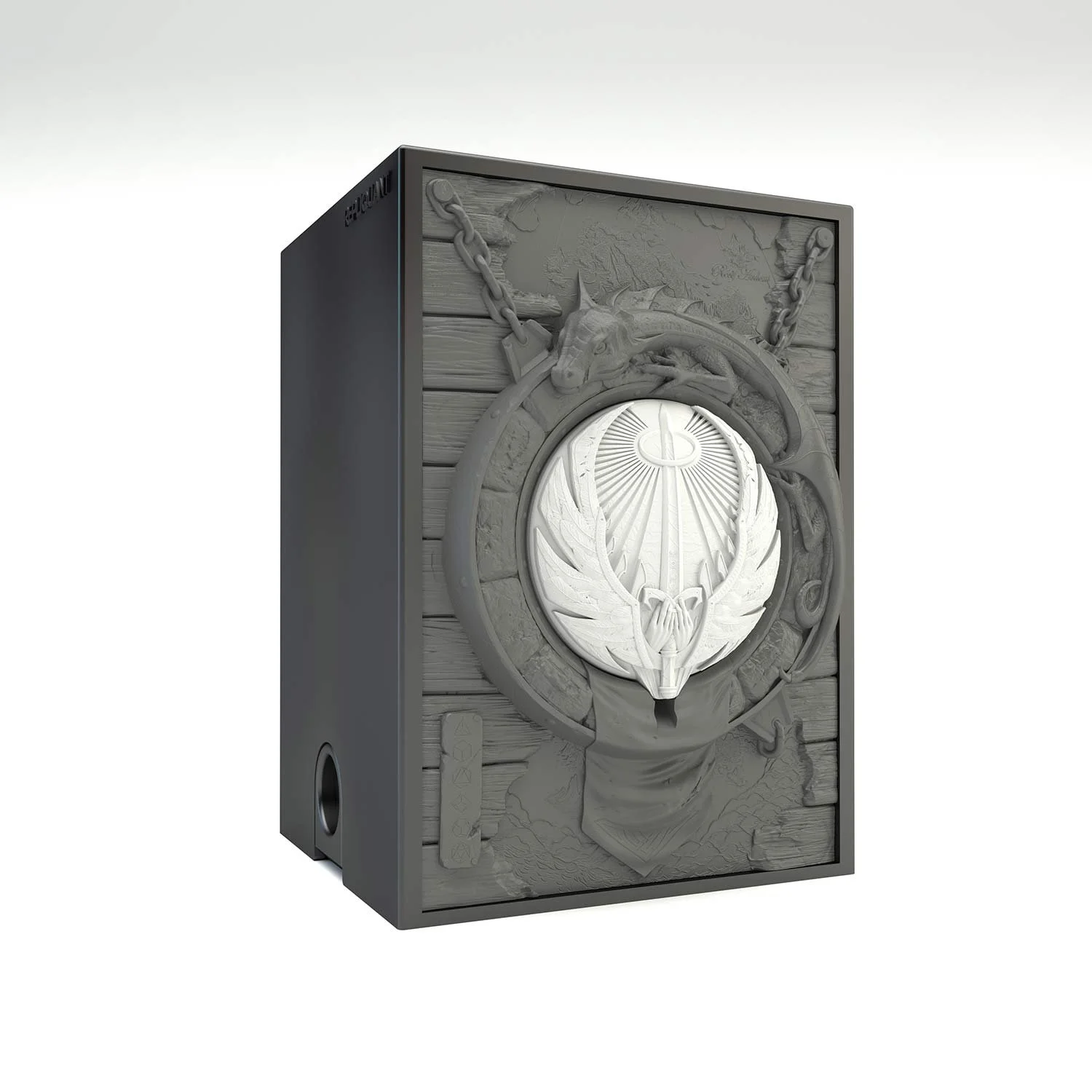 Tour à dé sculptée représentant un symbole paladin blanc, Idéal pour lancer et transporter vos dés. Vue de gauche. Vue de droite, boité fermée.