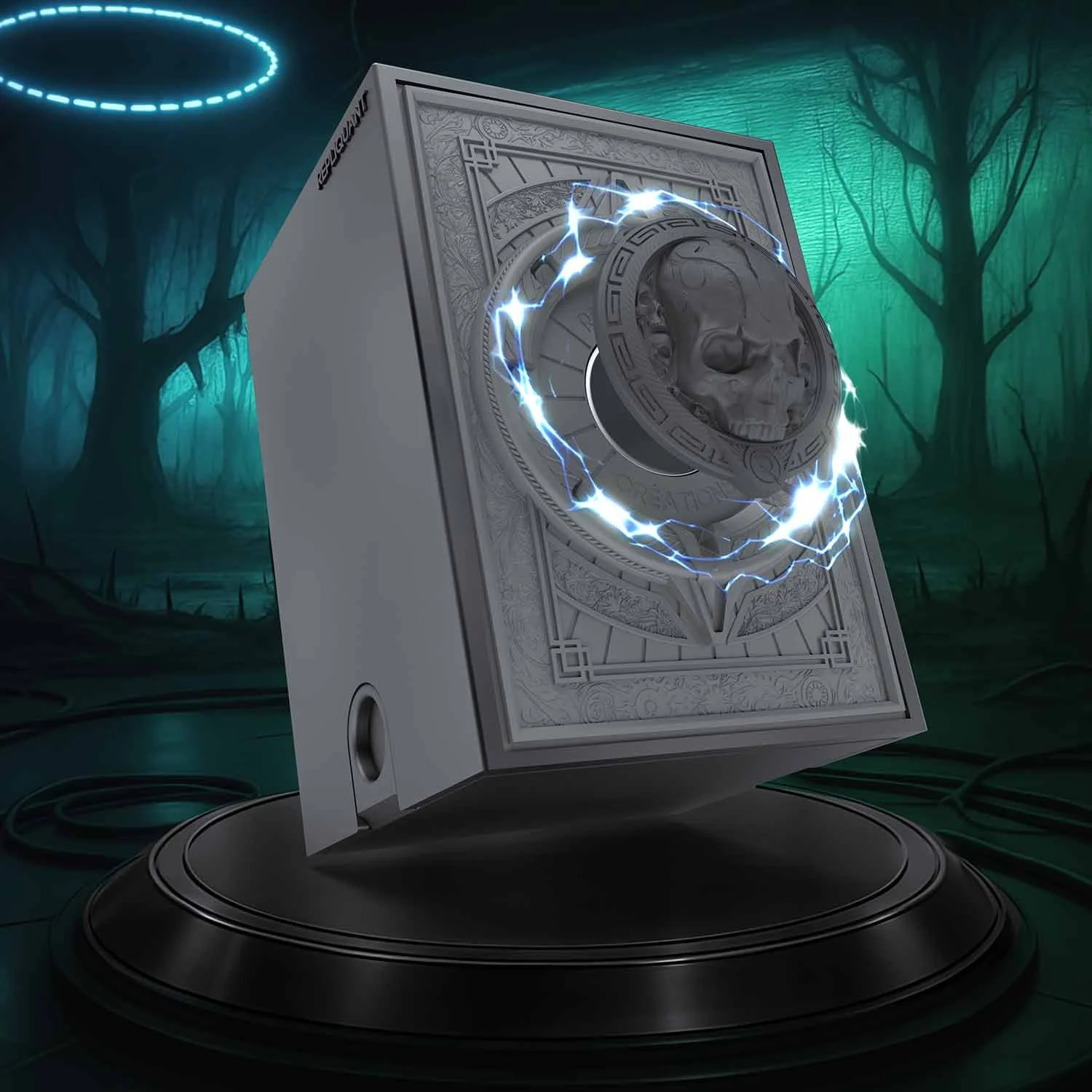 Image vignette de la deck box sculptée représentant un crane, prêt à protéger les cartes contre l’adversité. Format compatible JCC, en résine peinte ou personnalisable.
